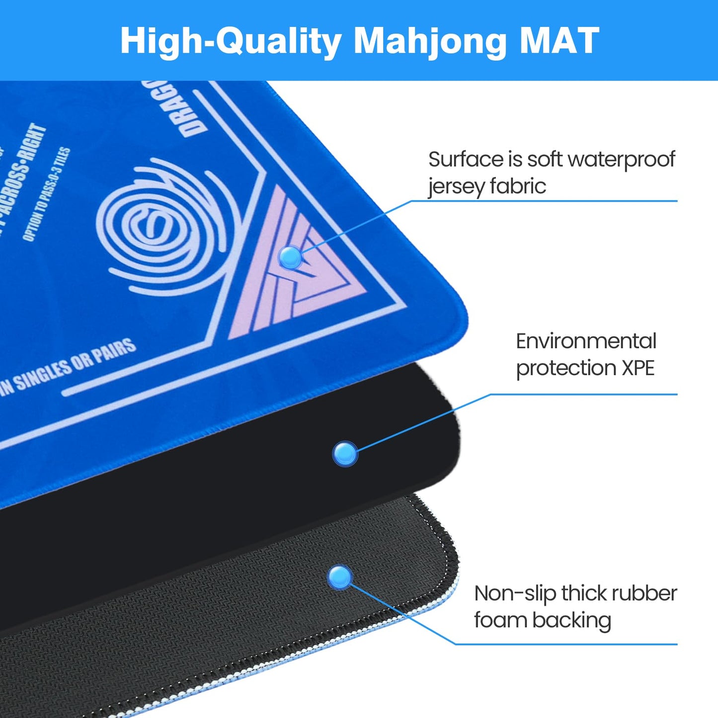 QAZWQAZ Mahjong Mat 33x33 | Noise-Reducing Non-Slip Table Mat with Dice & Carry Bag – Blue