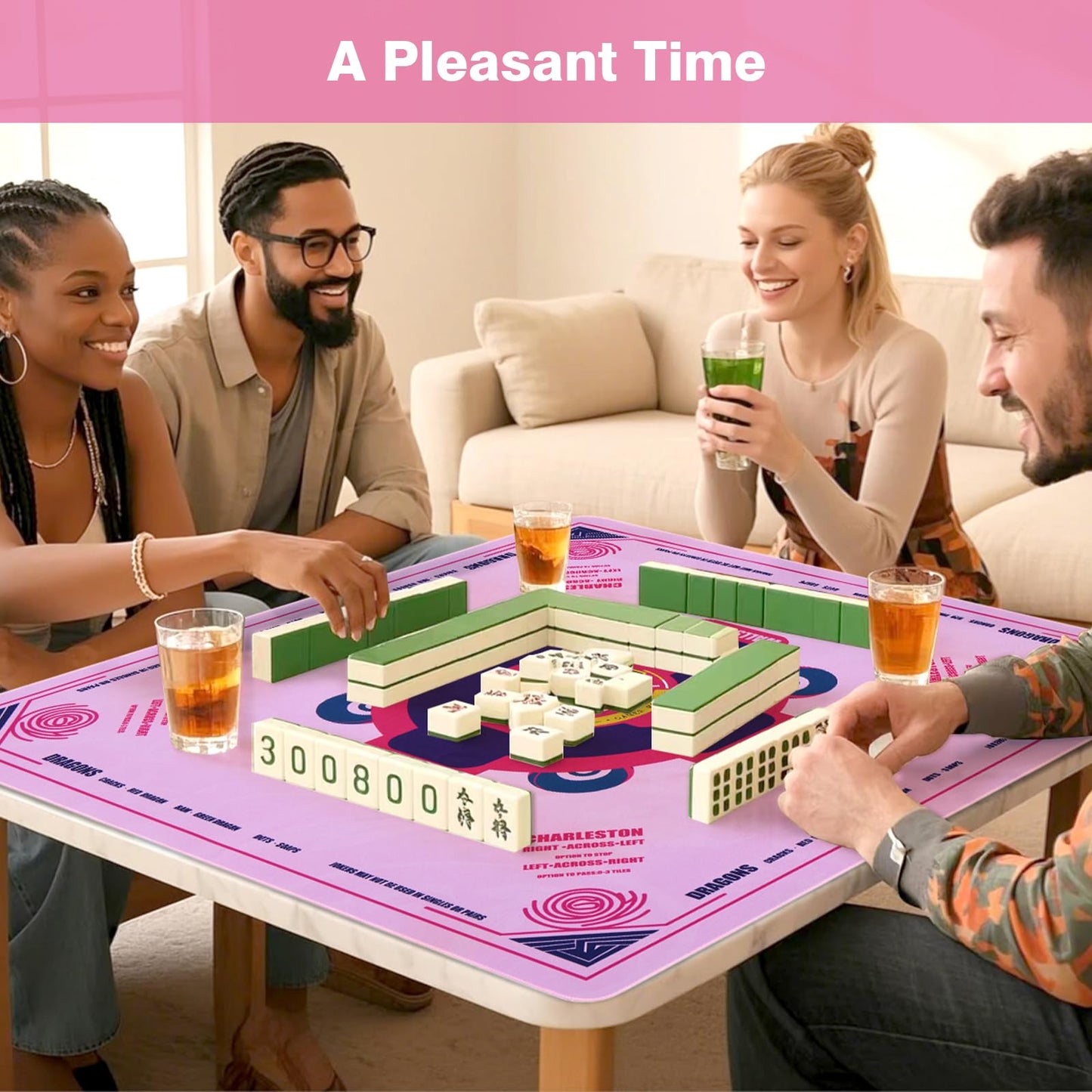 QAZWQAZ Mahjong Mat with Rules 33x33 – Non-Slip Neoprene Pink