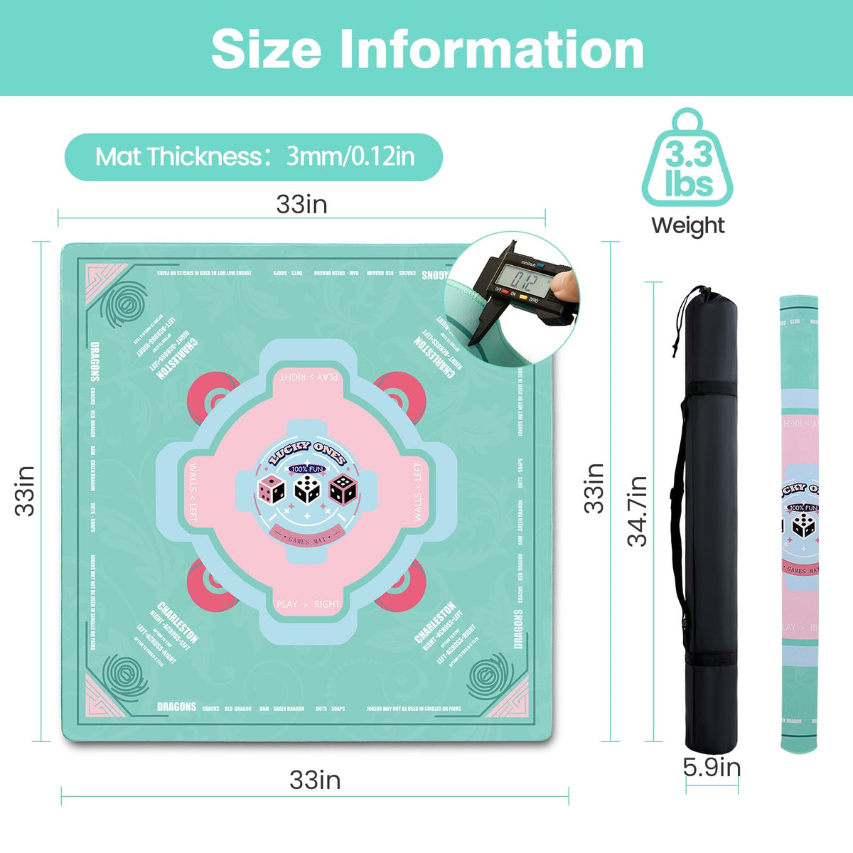 QAZWQAZ Mahjong Mat 33x33 – Noise‑Reducing, Non‑Slip Neoprene Table Mat with Carry Bag & 3 Dice