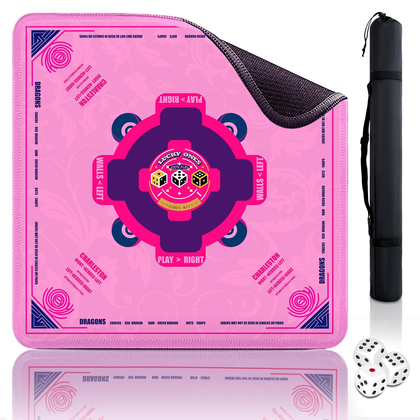 QAZWQAZ Mahjong Mat with Rules 33x33 – Non-Slip Neoprene Pink