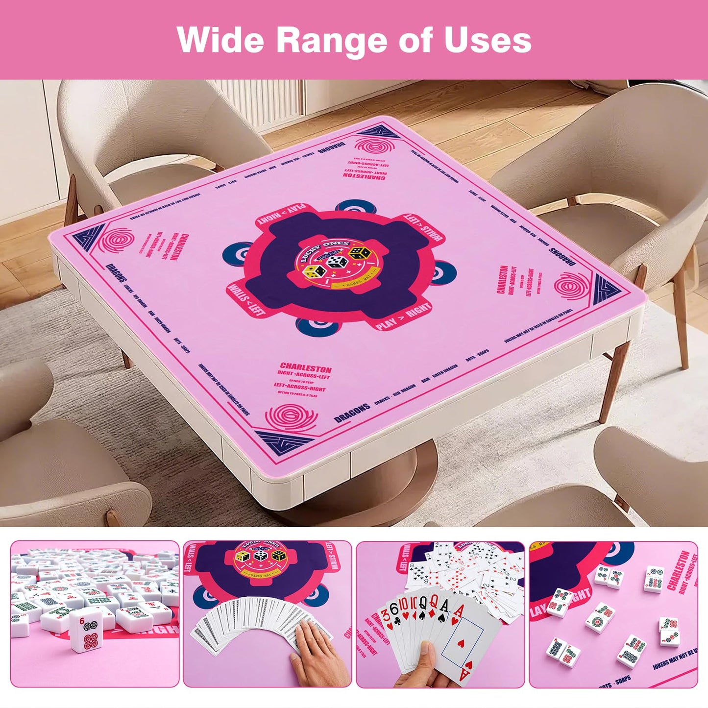 QAZWQAZ Mahjong Mat with Rules 33x33 – Non-Slip Neoprene Pink