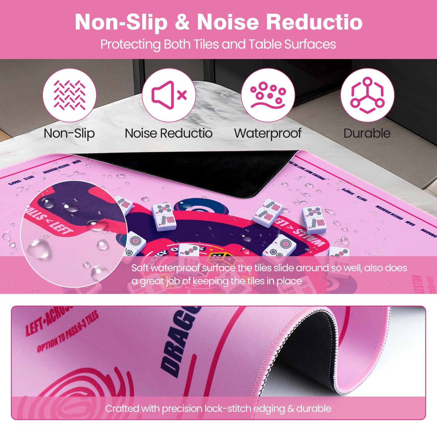 QAZWQAZ Mahjong Mat with Rules 33x33 – Non-Slip Neoprene Pink