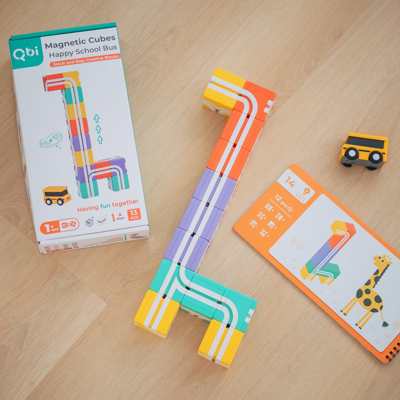 QBI Magnetic Blocks for Toddlers 1-3 – 13-Piece Starter Set with School Bus & Pastel Cubes