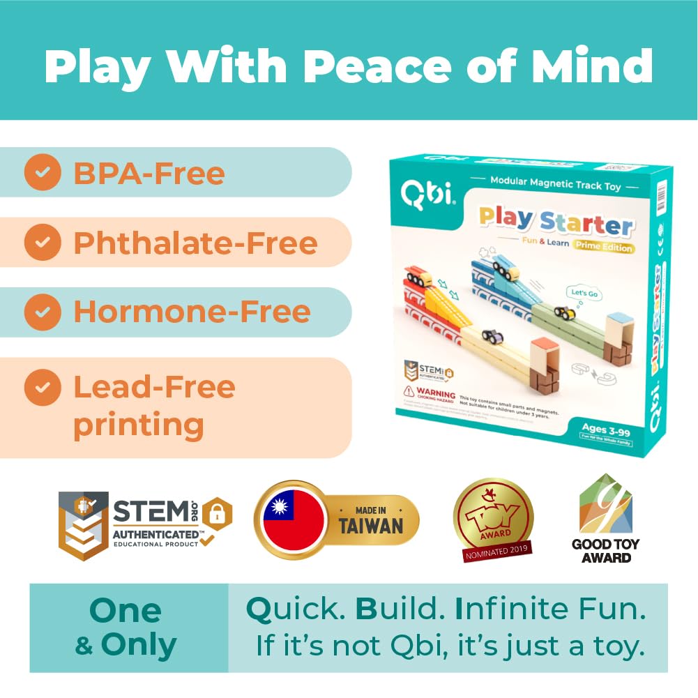 QBI Magnetic Blocks Play Starter Set – STEM Construction Toys & Race Car Track for Kids 3-5+ | 36 Pcs