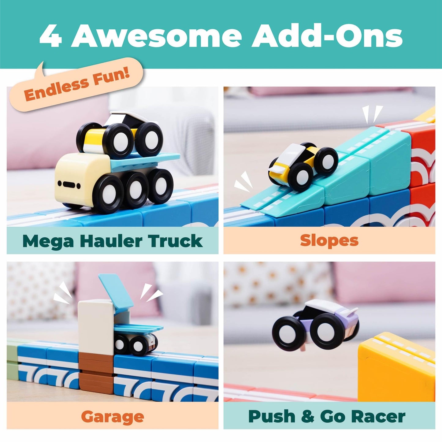 QBI Magnetic Blocks Play Starter Set – STEM Construction Toys & Race Car Track for Kids 3-5+ | 36 Pcs