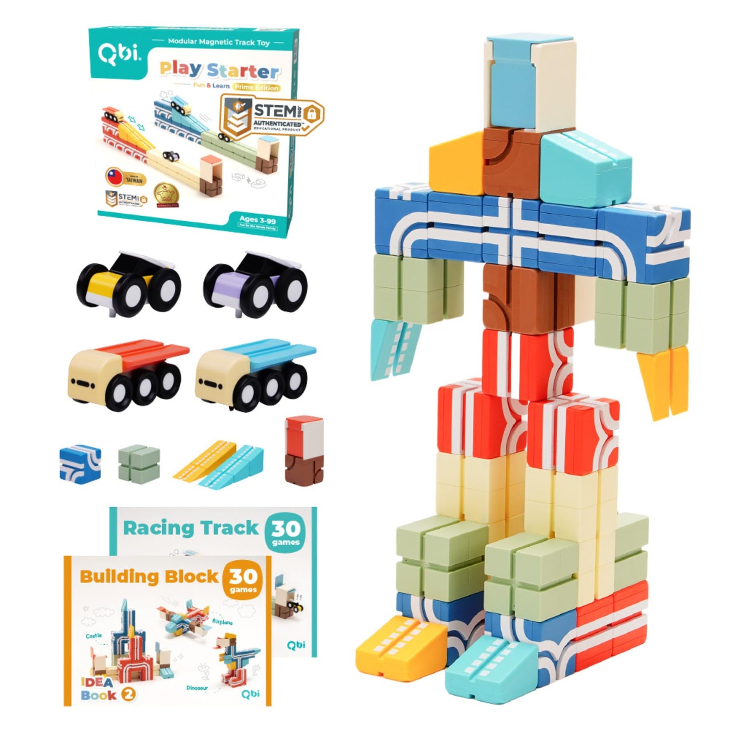 QBI Magnetic Blocks Play Starter Set – STEM Construction Toys & Race Car Track for Kids 3-5+ | 36 Pcs