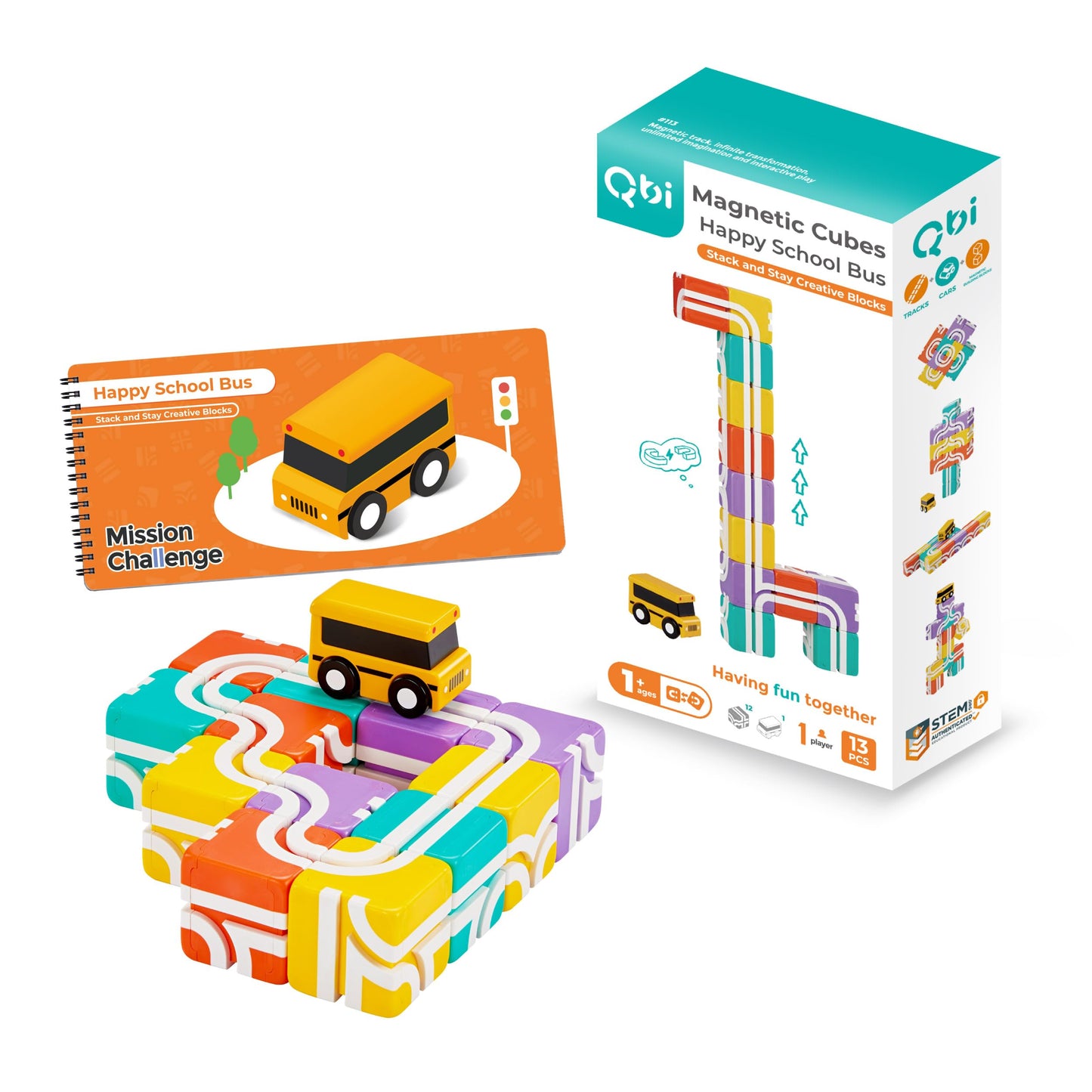 QBI Magnetic Blocks for Toddlers 1-3 – 13-Piece Starter Set with School Bus & Pastel Cubes