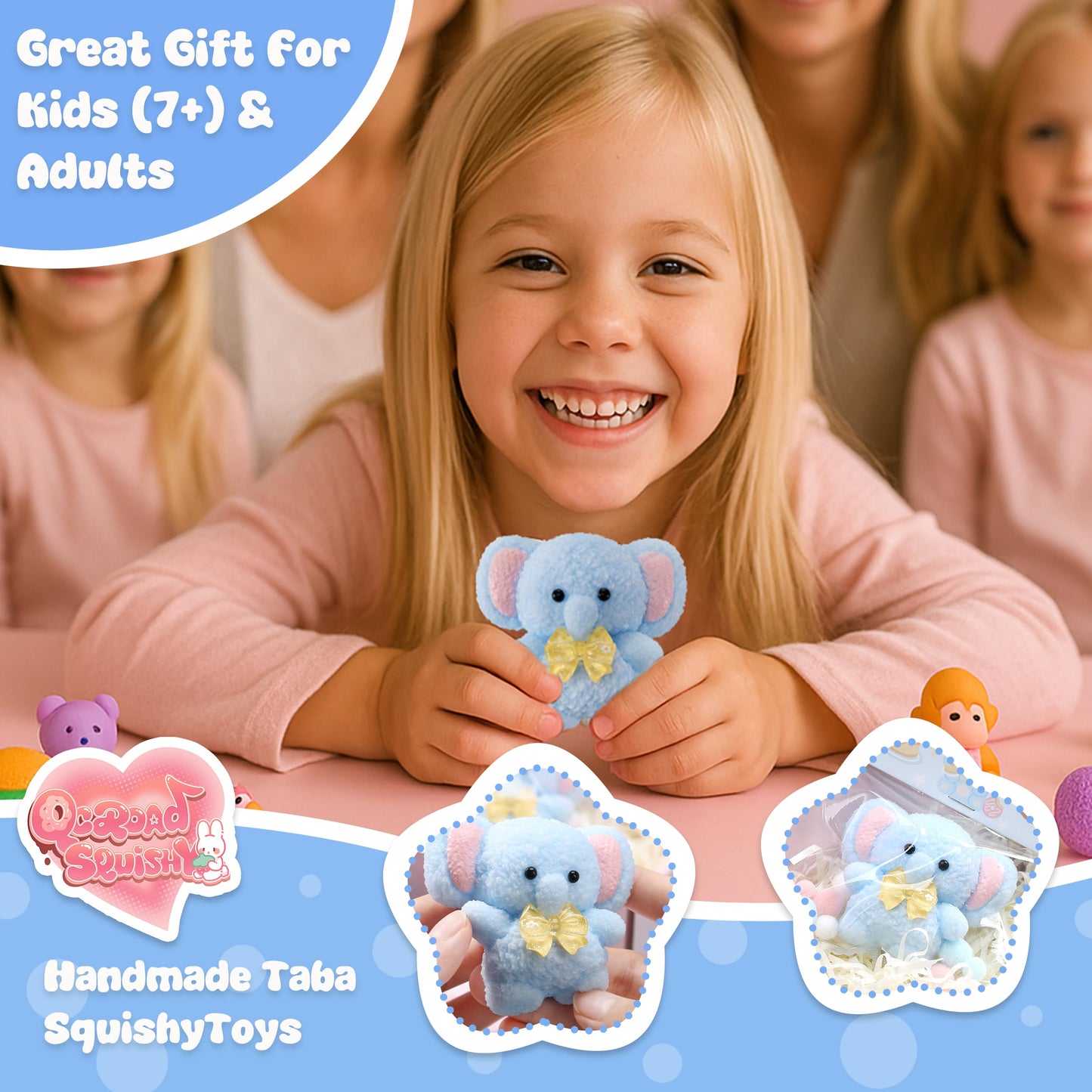 QCROAD SQUISHY Handmade Taba Blue Elephant Squishy – Silicone Fidget Toy for Kids & Adults