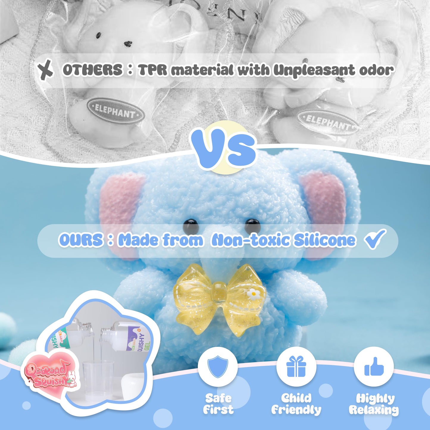 QCROAD SQUISHY Handmade Taba Blue Elephant Squishy – Silicone Fidget Toy for Kids & Adults