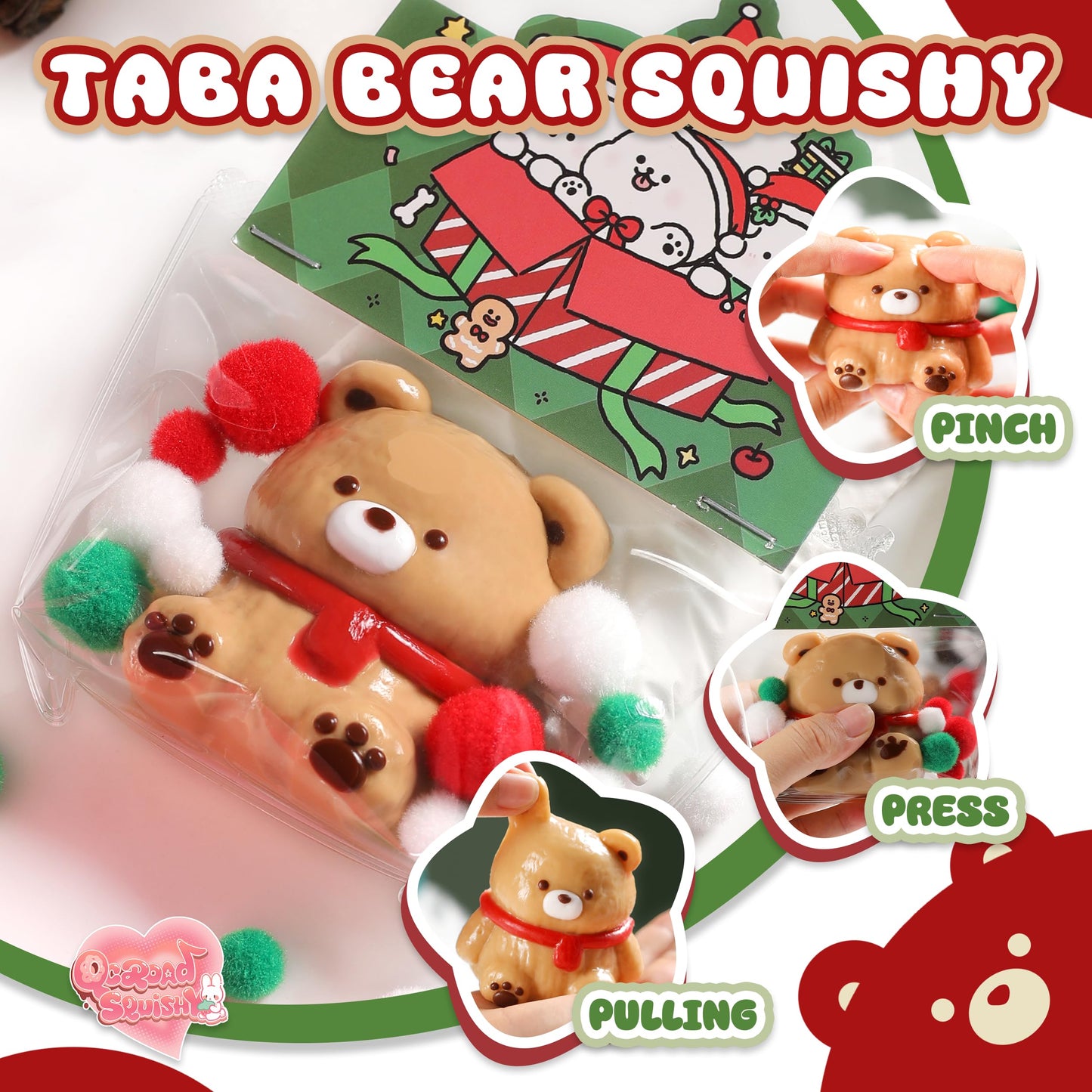 QCROAD SQUISHY Taba Bear Squishy - Original Silicone Stress Relief Toy (Red Scarf Bear)