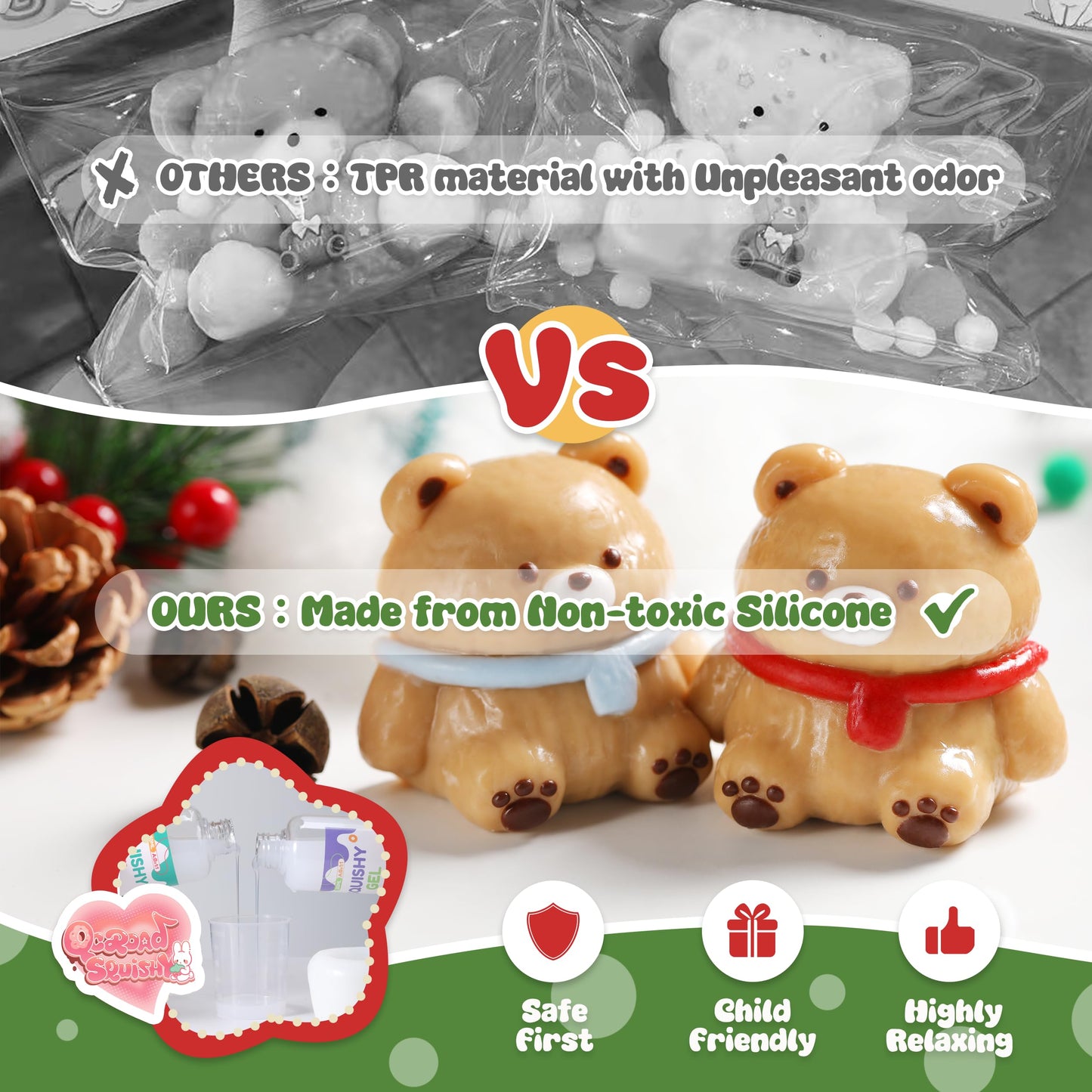 QCROAD SQUISHY Taba Bear Squishy - Original Silicone Stress Relief Toy (Red Scarf Bear)