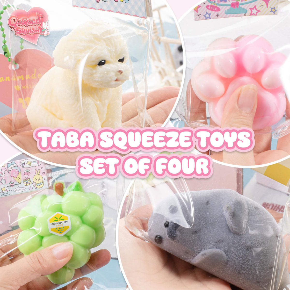 QCROAD SQUISHY taba Silicone Squishy Toys – Handmade 4-Piece Puppy, Seal, Cat Paw & Grape Set