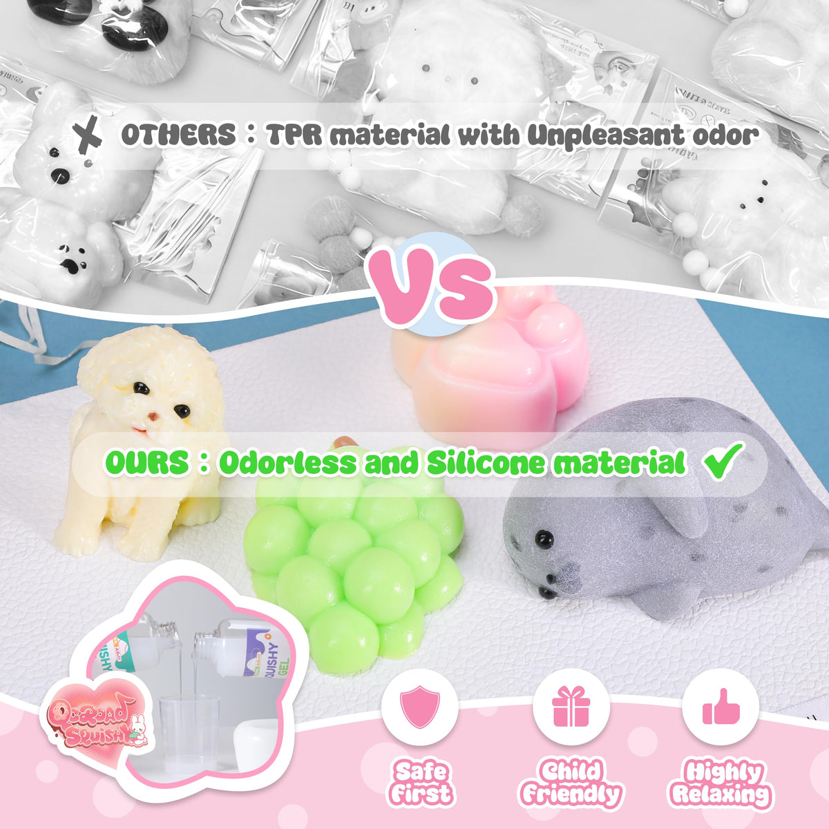 QCROAD SQUISHY taba Silicone Squishy Toys – Handmade 4-Piece Puppy, Seal, Cat Paw & Grape Set
