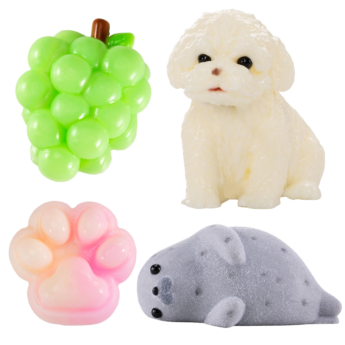 QCROAD SQUISHY taba Silicone Squishy Toys – Handmade 4-Piece Puppy, Seal, Cat Paw & Grape Set