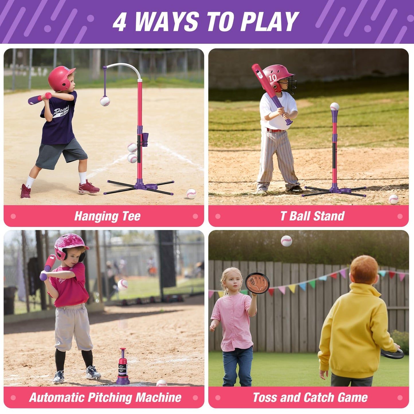 QDRAGON 4-in-1 Tball Set for Toddlers 3–8 | Adjustable Height, Auto Pitching, Indoor & Outdoor Play