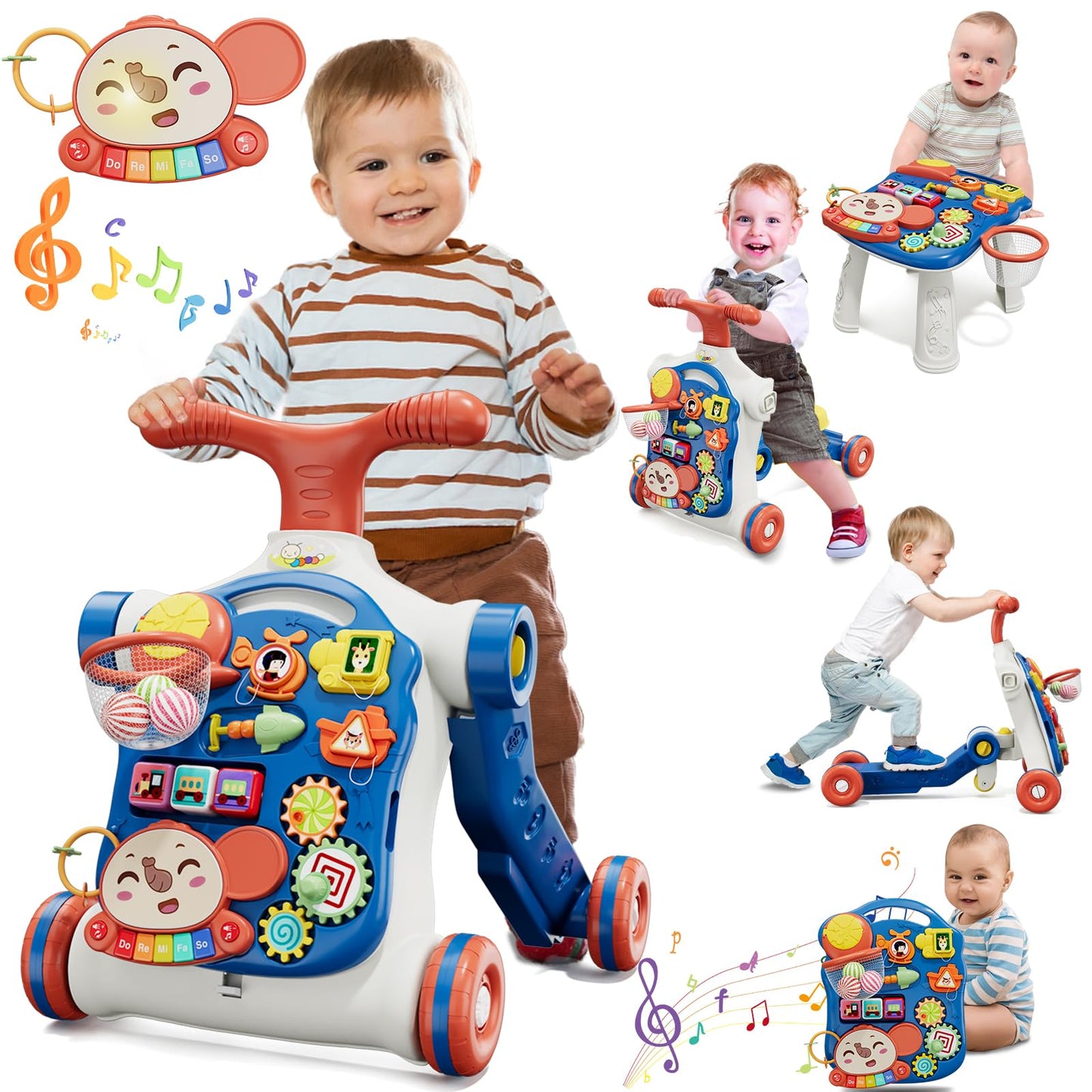 QDRAGON 5 in 1 Push Walker for Baby Boys – Sit-to-Stand, Scooter & Activity Table, Navy Blue