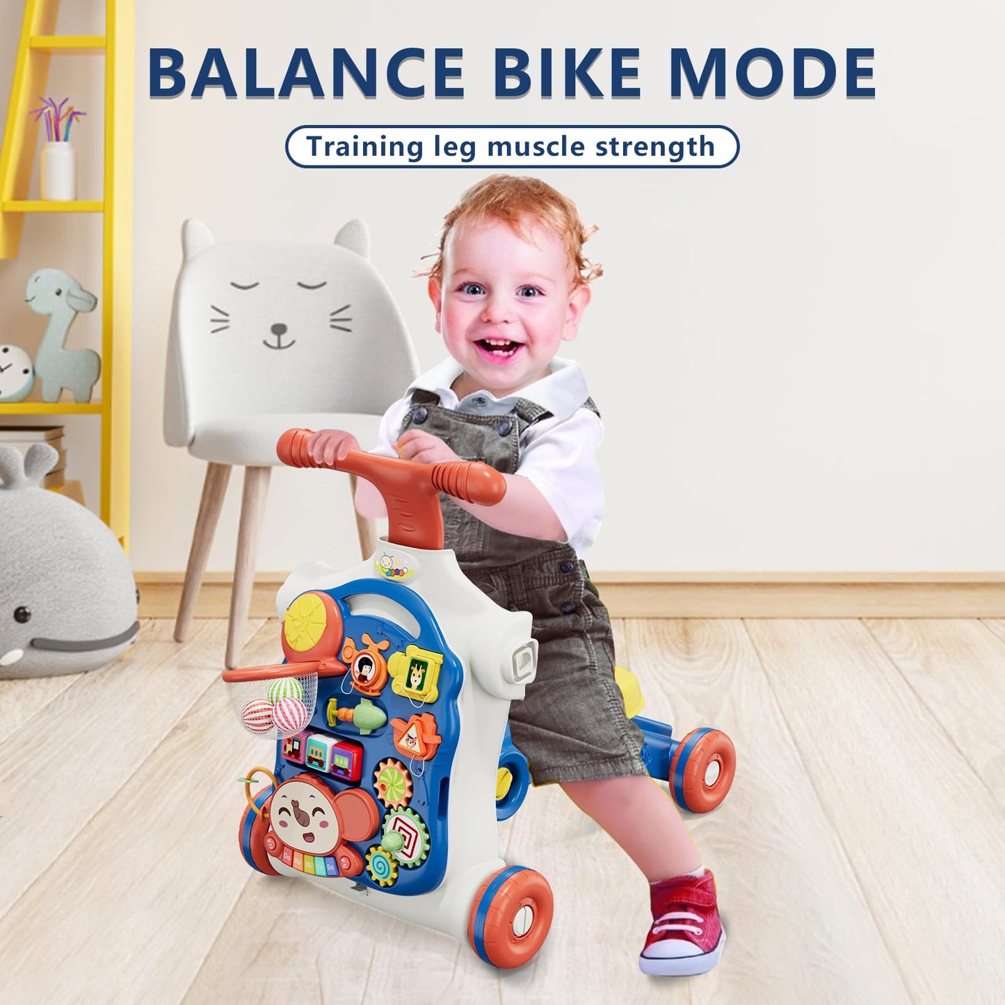 QDRAGON 5 in 1 Push Walker for Baby Boys – Sit-to-Stand, Scooter & Activity Table, Navy Blue