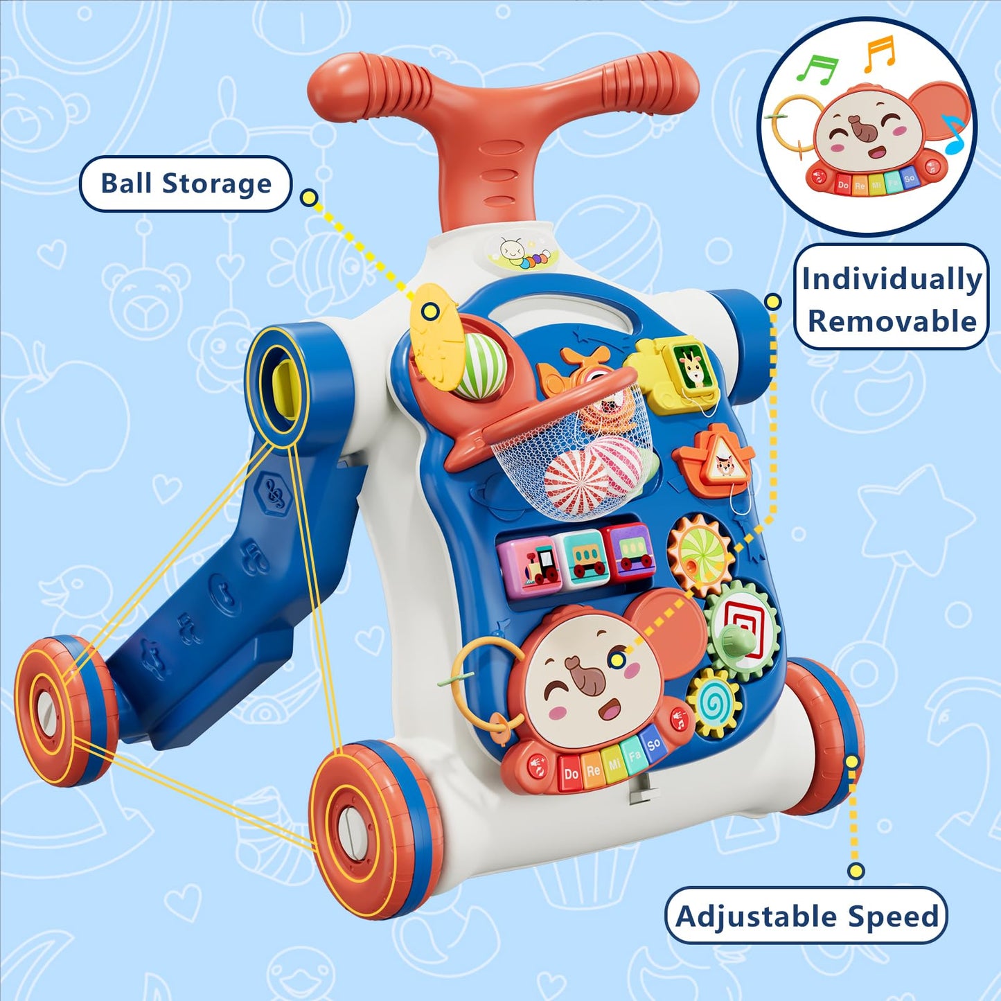 QDRAGON 5 in 1 Push Walker for Baby Boys – Sit-to-Stand, Scooter & Activity Table, Navy Blue