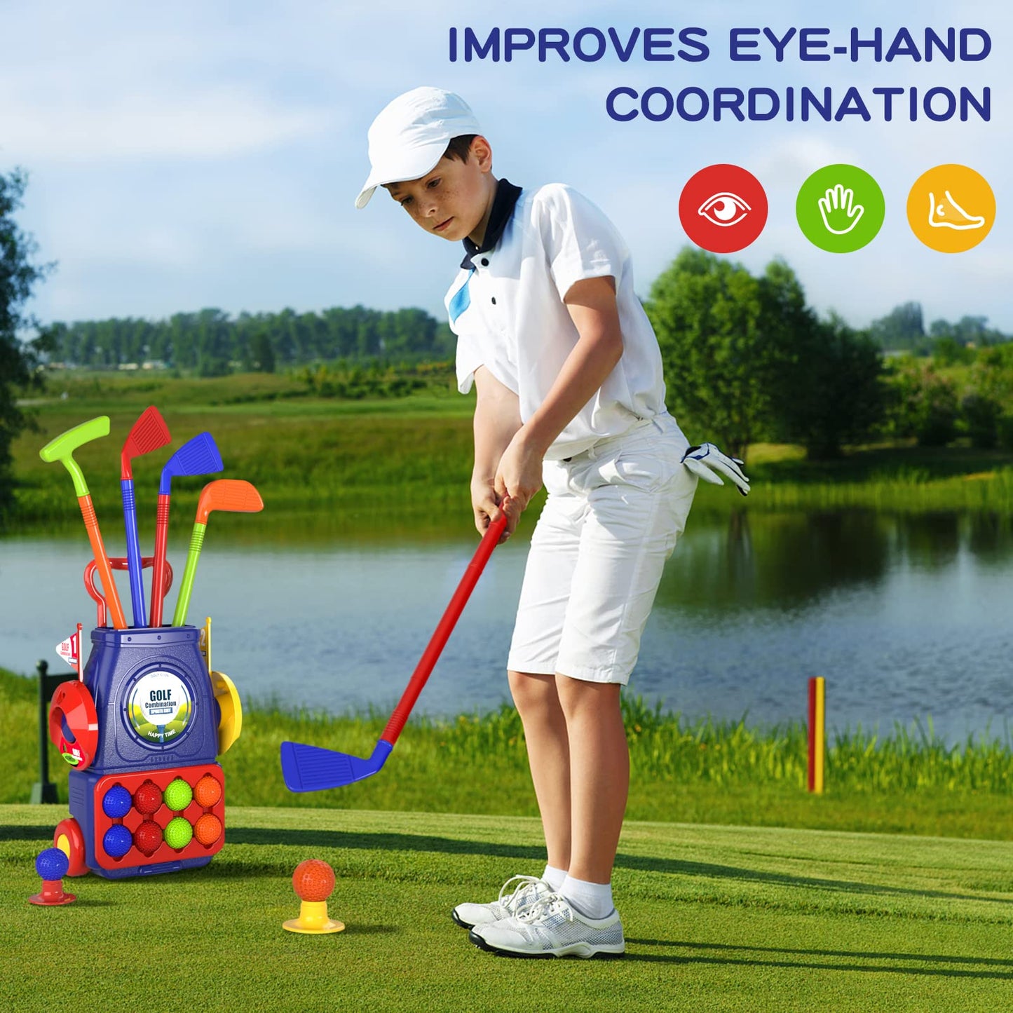 QDRAGON Kids Golf Set: 2-in-1 Toddler Golf & Cornhole for Indoor/Outdoor Play, Ages 3-8, Blue