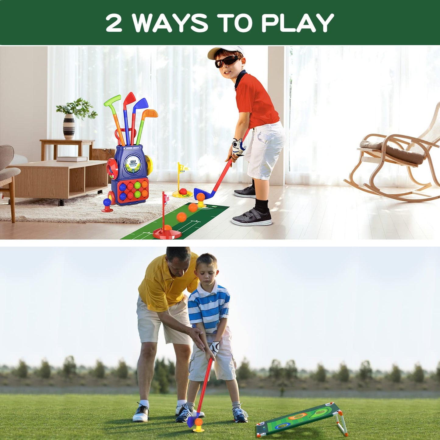 QDRAGON Kids Golf Set: 2-in-1 Toddler Golf & Cornhole for Indoor/Outdoor Play, Ages 3-8, Blue
