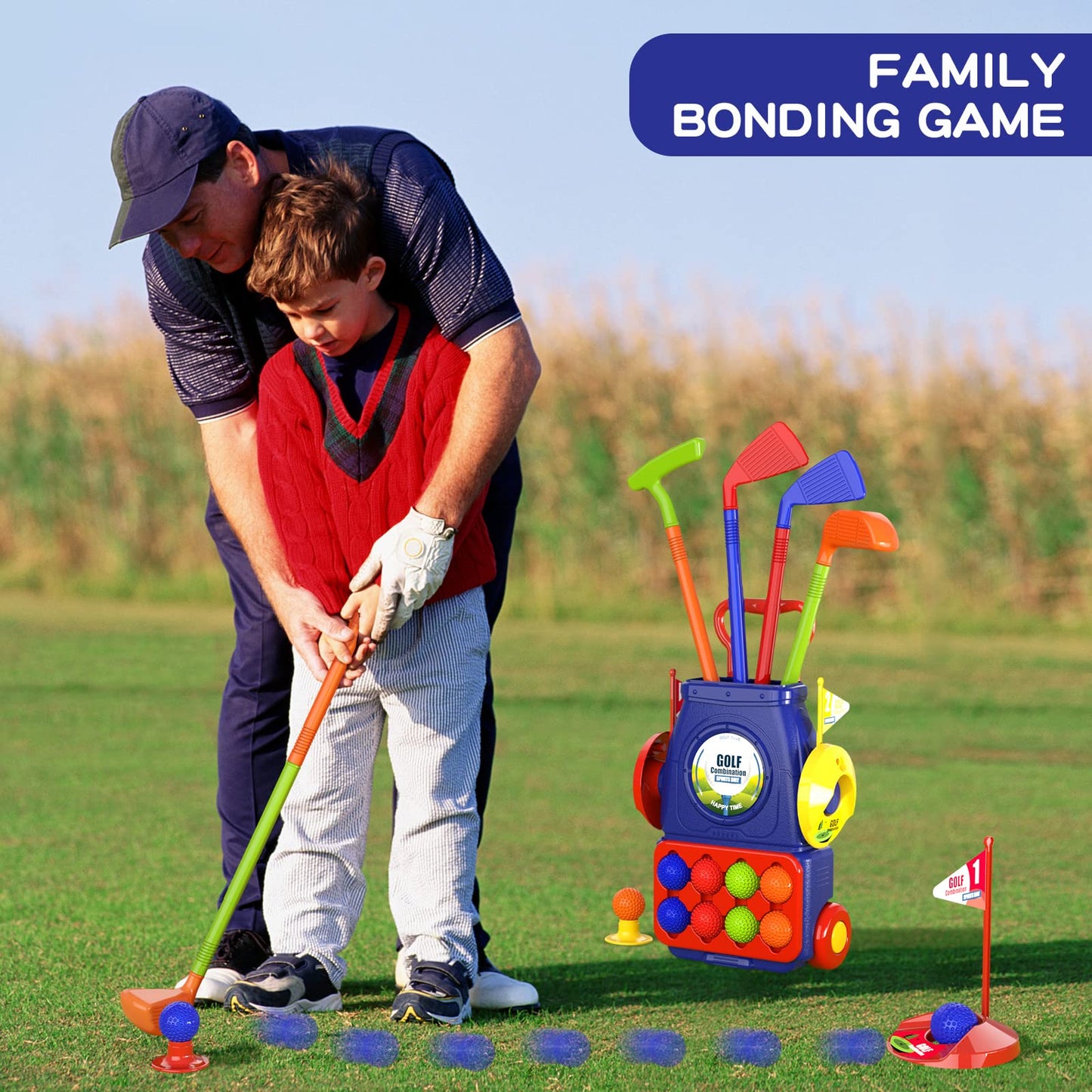 QDRAGON Kids Golf Set: 2-in-1 Toddler Golf & Cornhole for Indoor/Outdoor Play, Ages 3-8, Blue