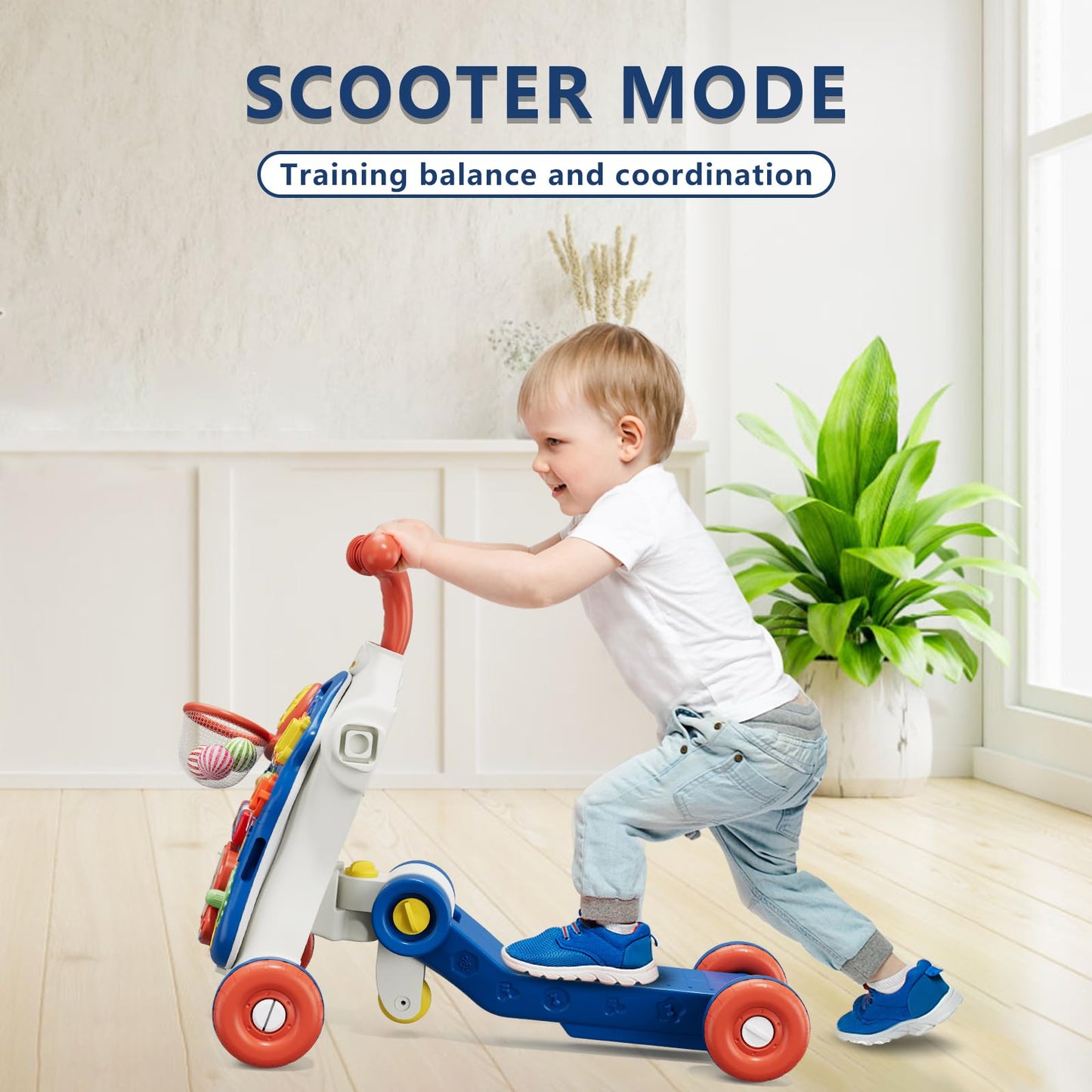 QDRAGON 5 in 1 Push Walker for Baby Boys – Sit-to-Stand, Scooter & Activity Table, Navy Blue
