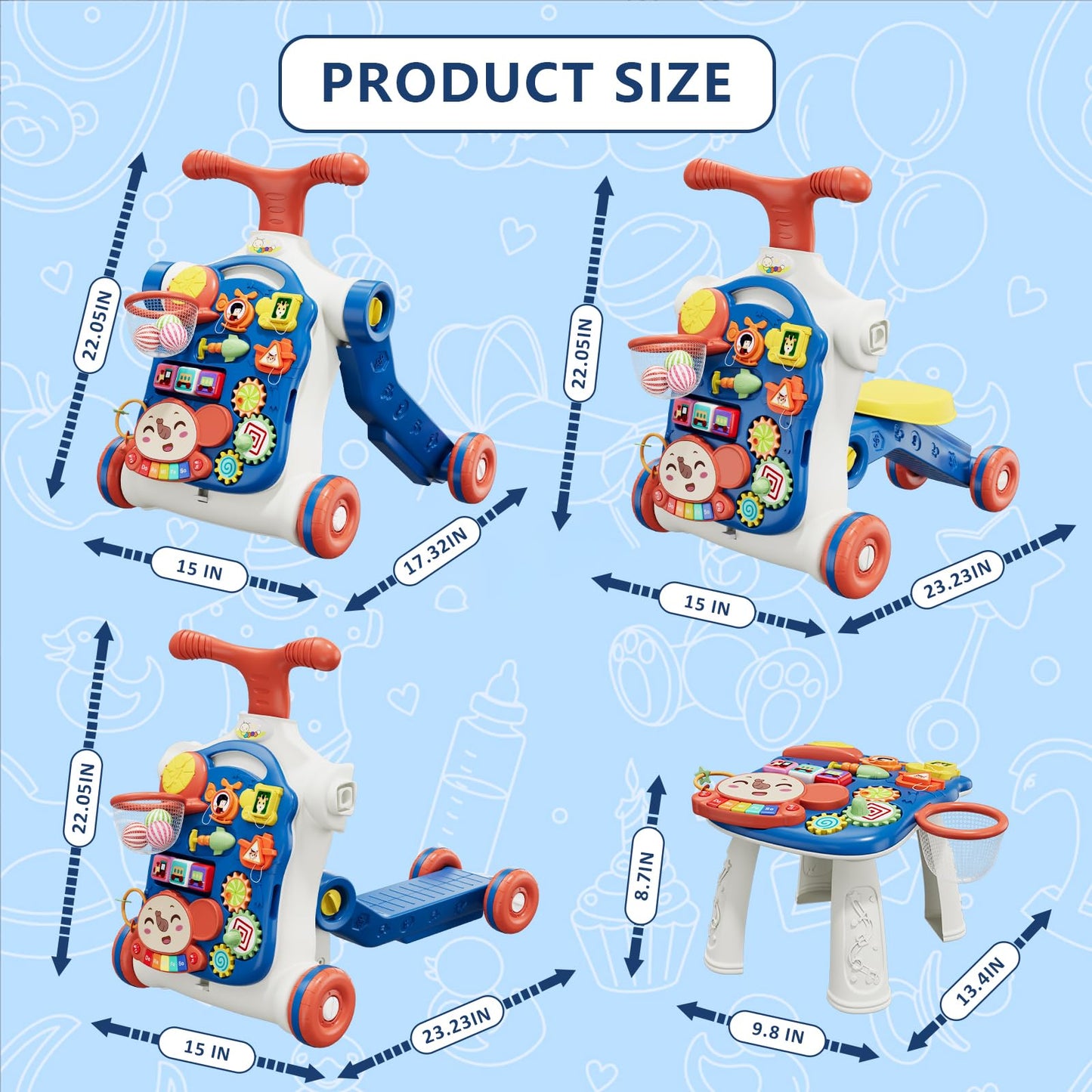QDRAGON 5 in 1 Push Walker for Baby Boys – Sit-to-Stand, Scooter & Activity Table, Navy Blue