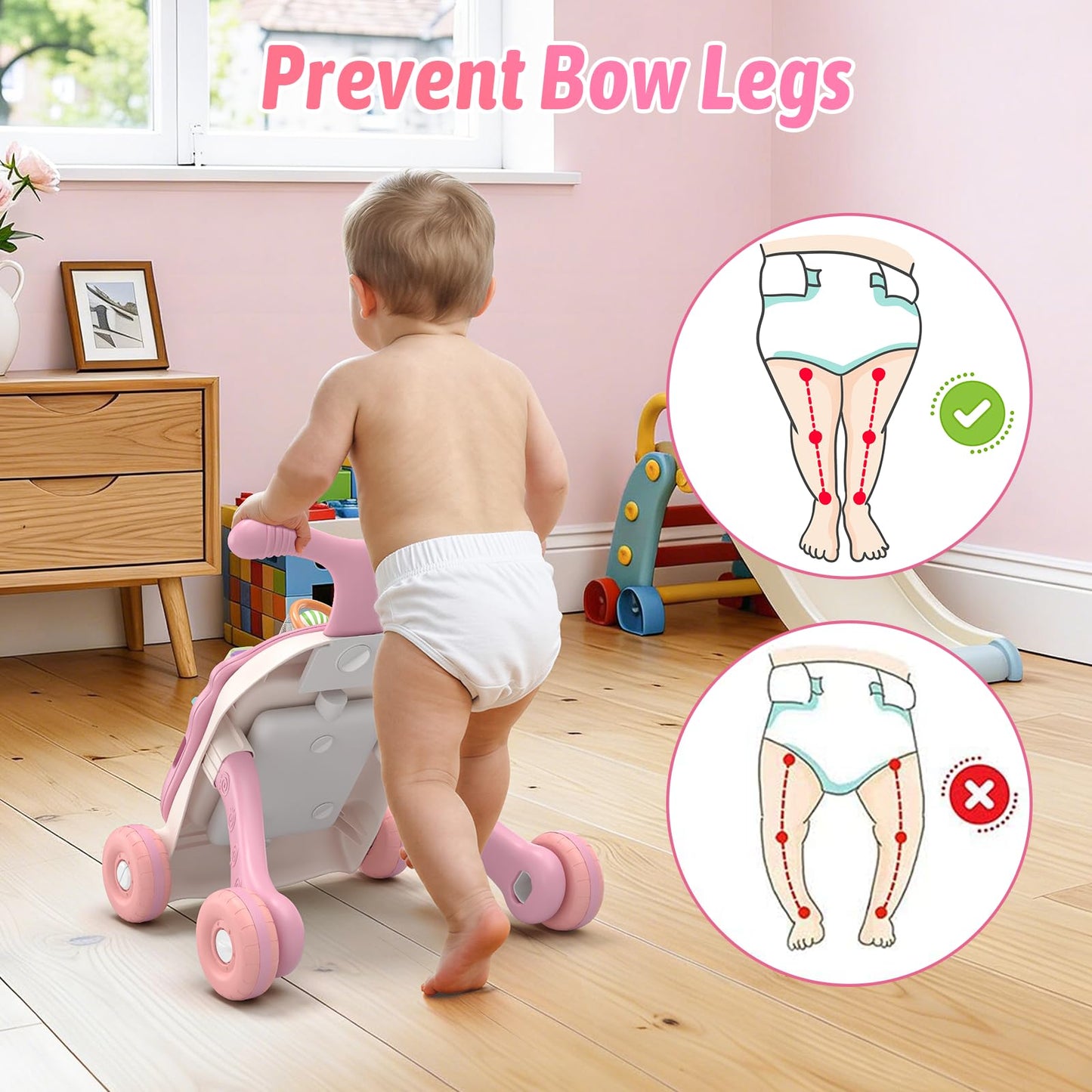 QDRAGON 3-in-1 Baby Walker & Activity Center – Pink Sit-to-Stand, Music Panel, 12+ Months