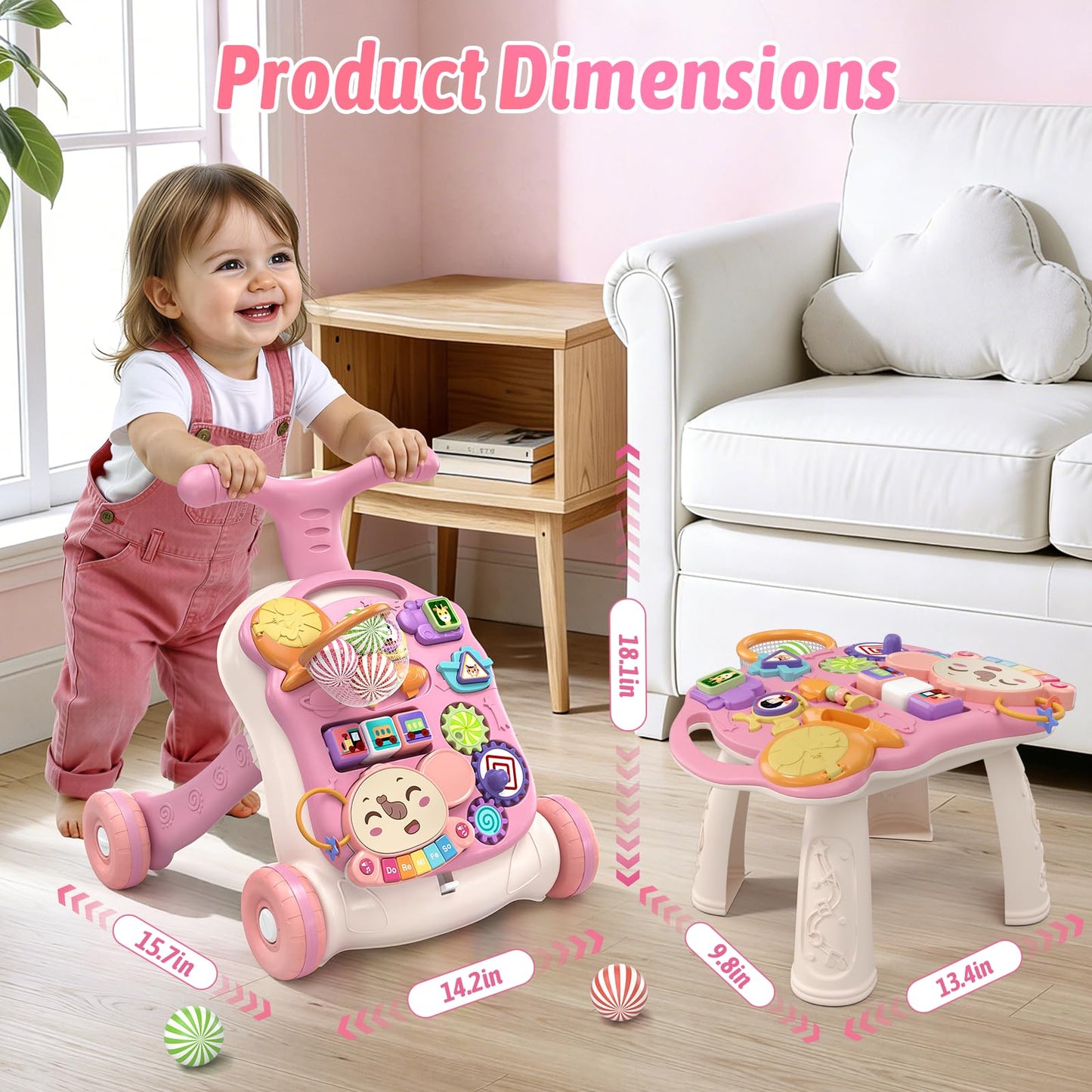 QDRAGON 3-in-1 Baby Walker & Activity Center – Pink Sit-to-Stand, Music Panel, 12+ Months
