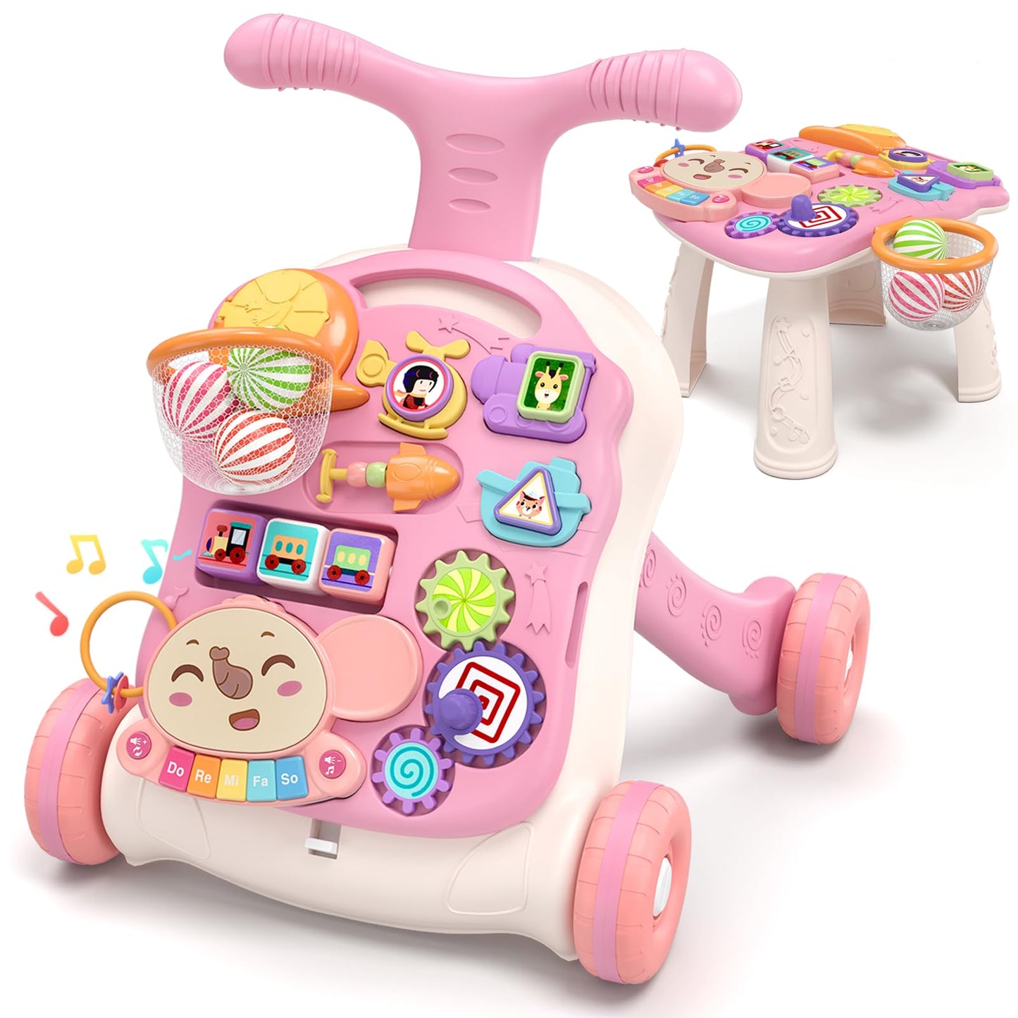 QDRAGON 3-in-1 Baby Walker & Activity Center – Pink Sit-to-Stand, Music Panel, 12+ Months