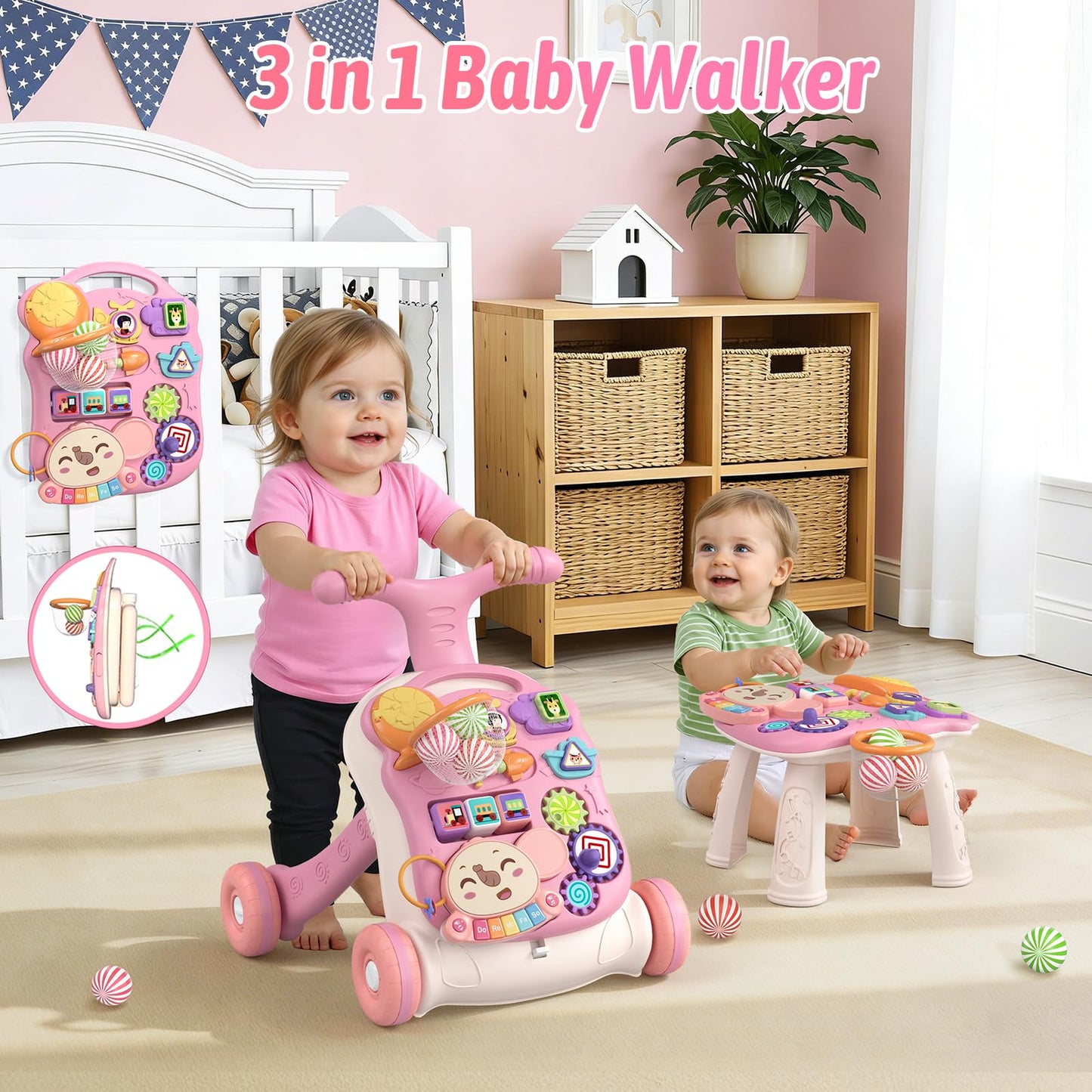 QDRAGON 3-in-1 Baby Walker & Activity Center – Pink Sit-to-Stand, Music Panel, 12+ Months