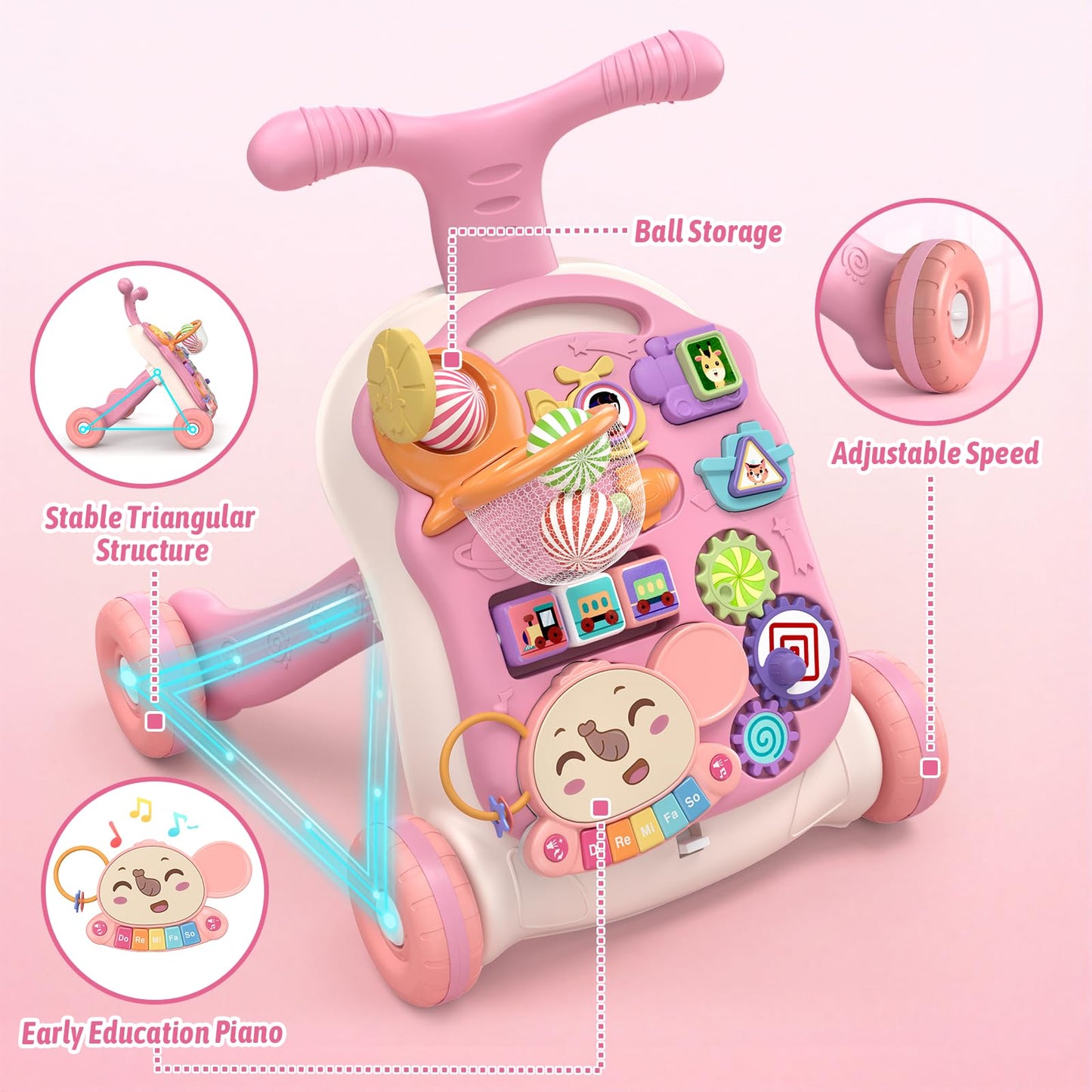 QDRAGON 3-in-1 Baby Walker & Activity Center – Pink Sit-to-Stand, Music Panel, 12+ Months