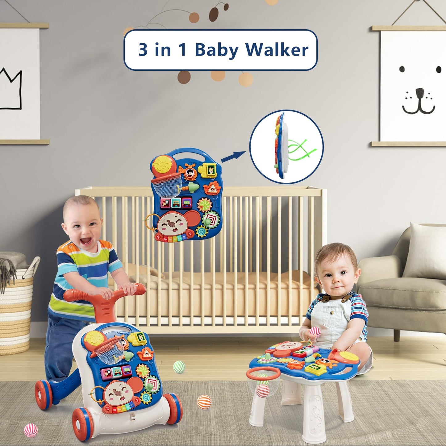 QDRAGON 3-in-1 Baby Walker & Activity Center – Learn to Walk, Sit-to-Stand Push Toy with Music Panel, Blue (12-18 Months)
