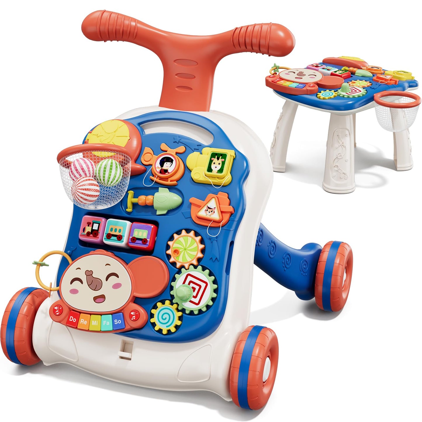 QDRAGON 3-in-1 Baby Walker & Activity Center – Learn to Walk, Sit-to-Stand Push Toy with Music Panel, Blue (12-18 Months)