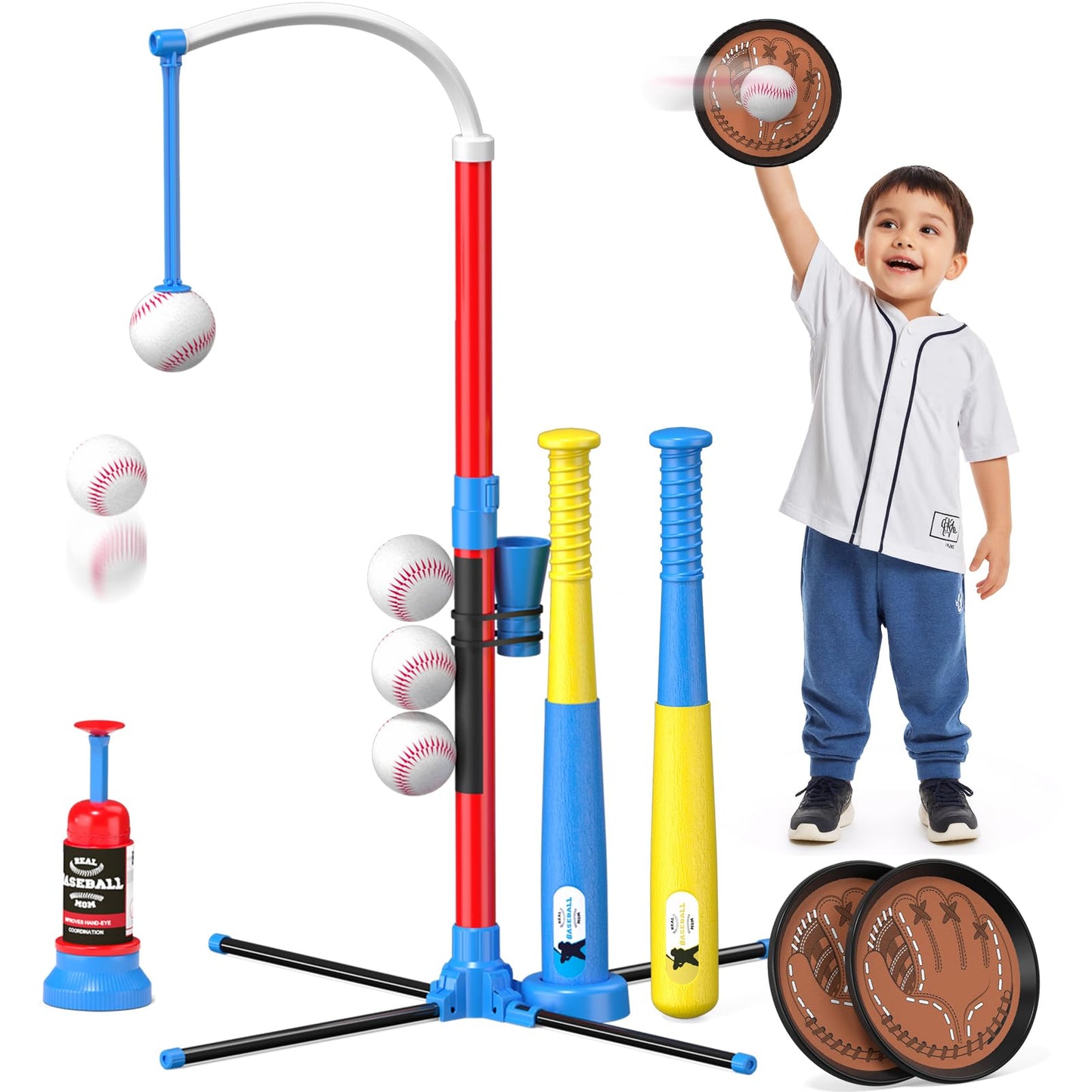 QDRAGON 4-in-1 Tball Set for Toddlers 3-5 - 2 Bats, Auto Pitcher, Indoor Outdoor Play