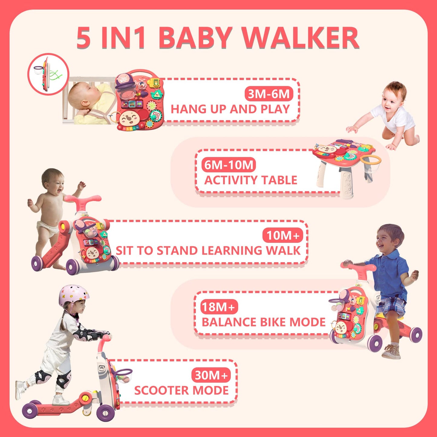 QDRAGON 5-in-1 Walker for Baby — 5 Modes, Red