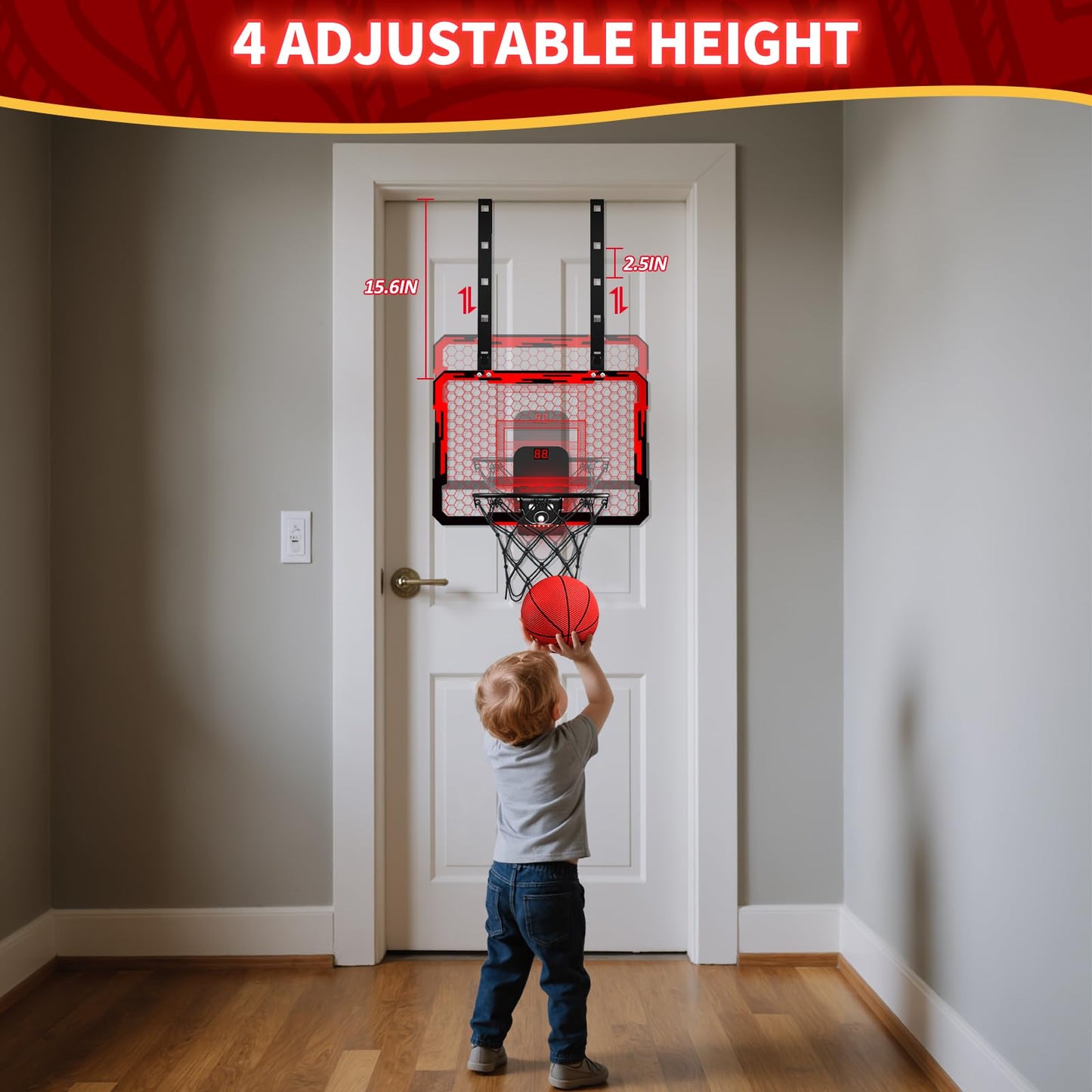 QDRAGON Indoor Basketball Hoop for Kids – 7 LED Lights, Over-the-Door Mini Hoop