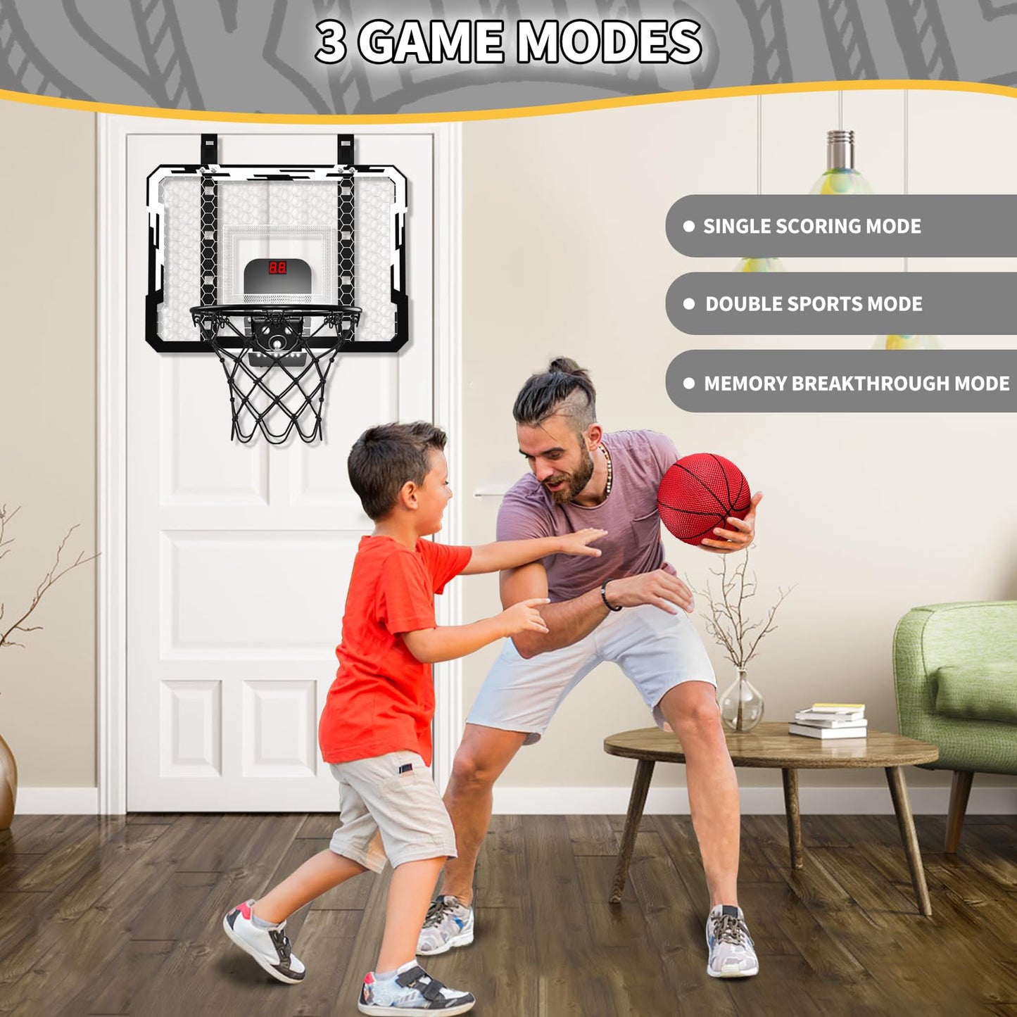 QDRAGON Indoor Basketball Hoop for Kids — Over-the-Door Mini Hoop with 7 LED Lights & 4 Height Settings