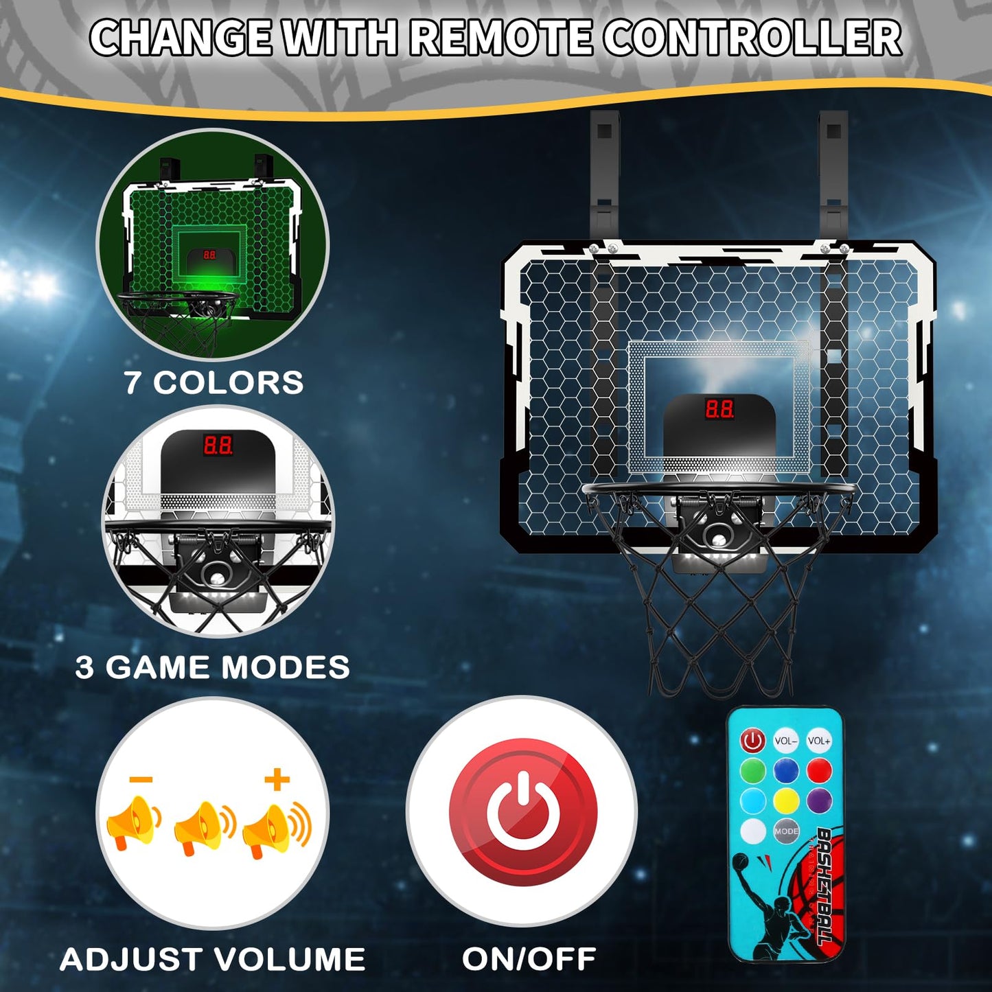 QDRAGON Indoor Basketball Hoop for Kids — Over-the-Door Mini Hoop with 7 LED Lights & 4 Height Settings