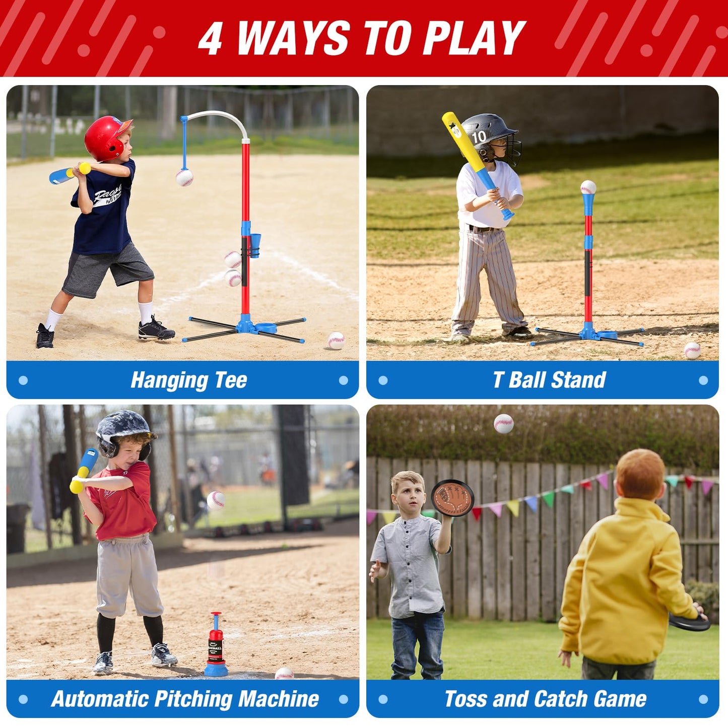 QDRAGON 4-in-1 Tball Set for Toddlers 3-5 - 2 Bats, Auto Pitcher, Indoor Outdoor Play