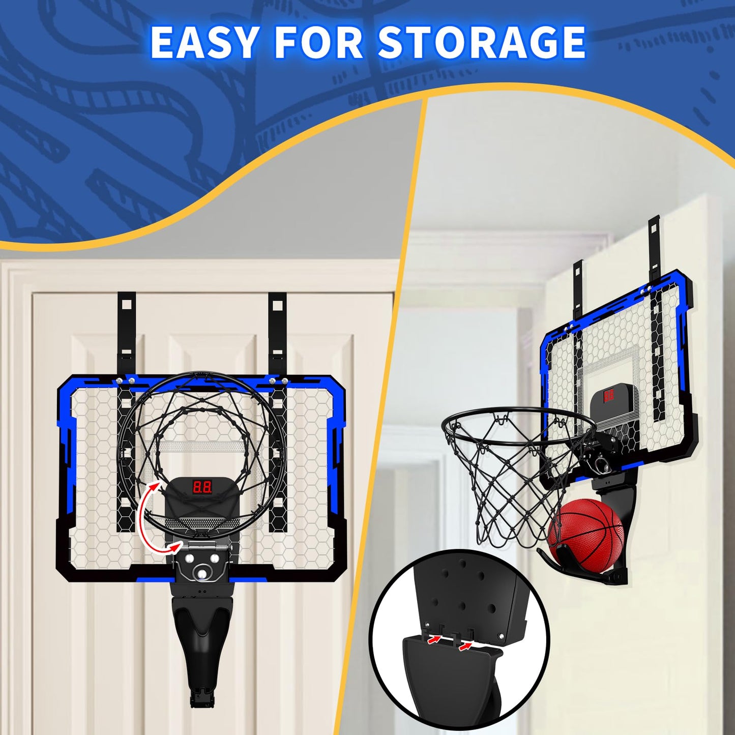 QDRAGON Indoor Basketball Hoop for Kids — Over-the-Door Mini Hoop with 7 LED Colors, Adjustable 4-Height Setup