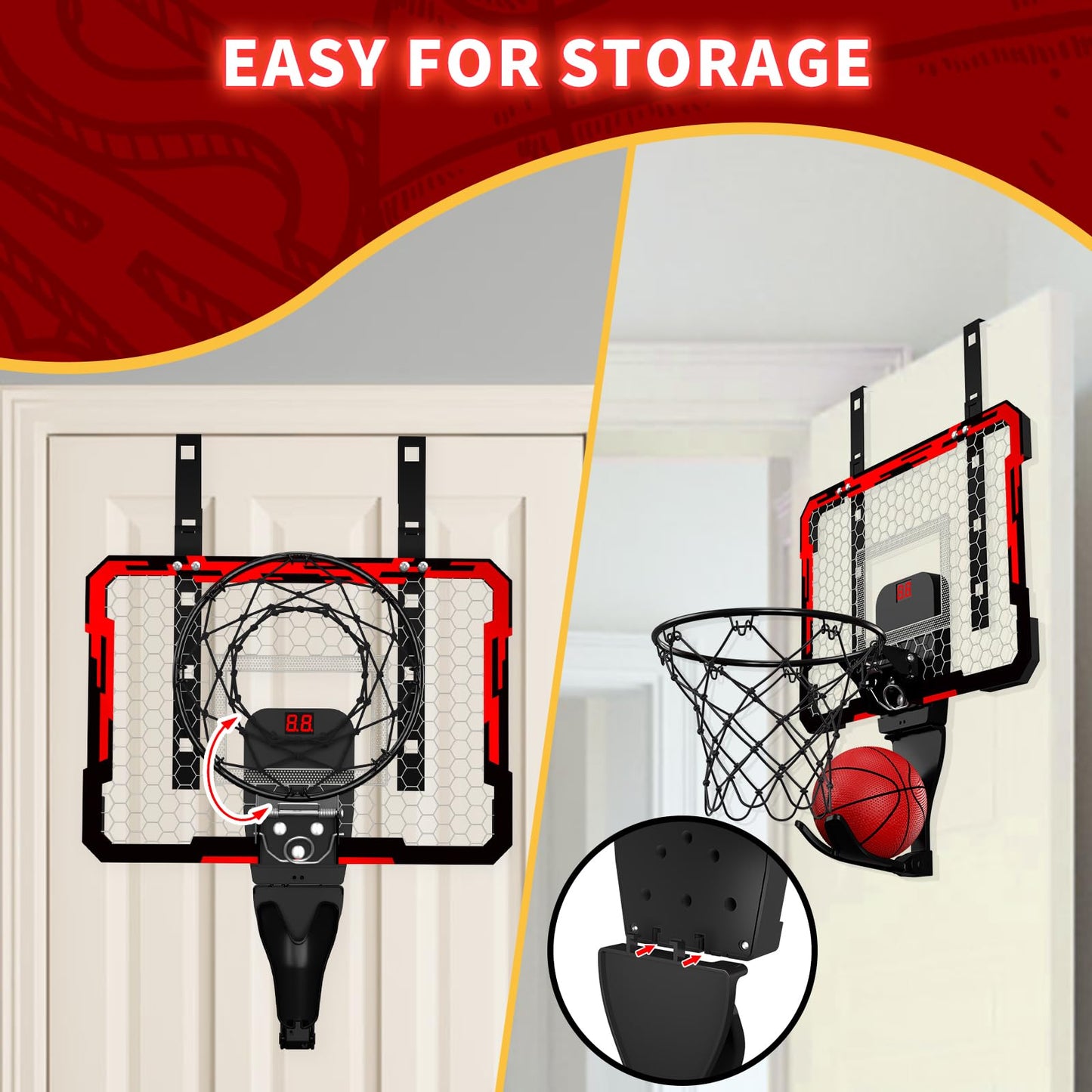 QDRAGON Indoor Basketball Hoop for Kids – 7 LED Lights, Over-the-Door Mini Hoop