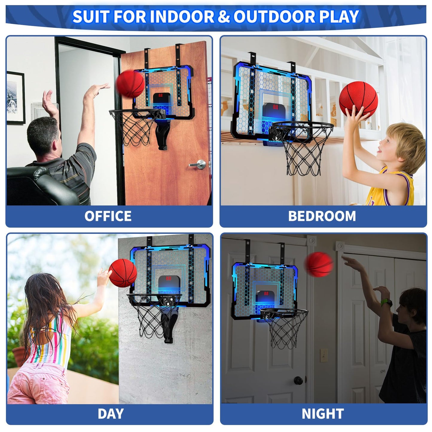 QDRAGON Indoor Basketball Hoop for Kids — Over-the-Door Mini Hoop with 7 LED Colors, Adjustable 4-Height Setup