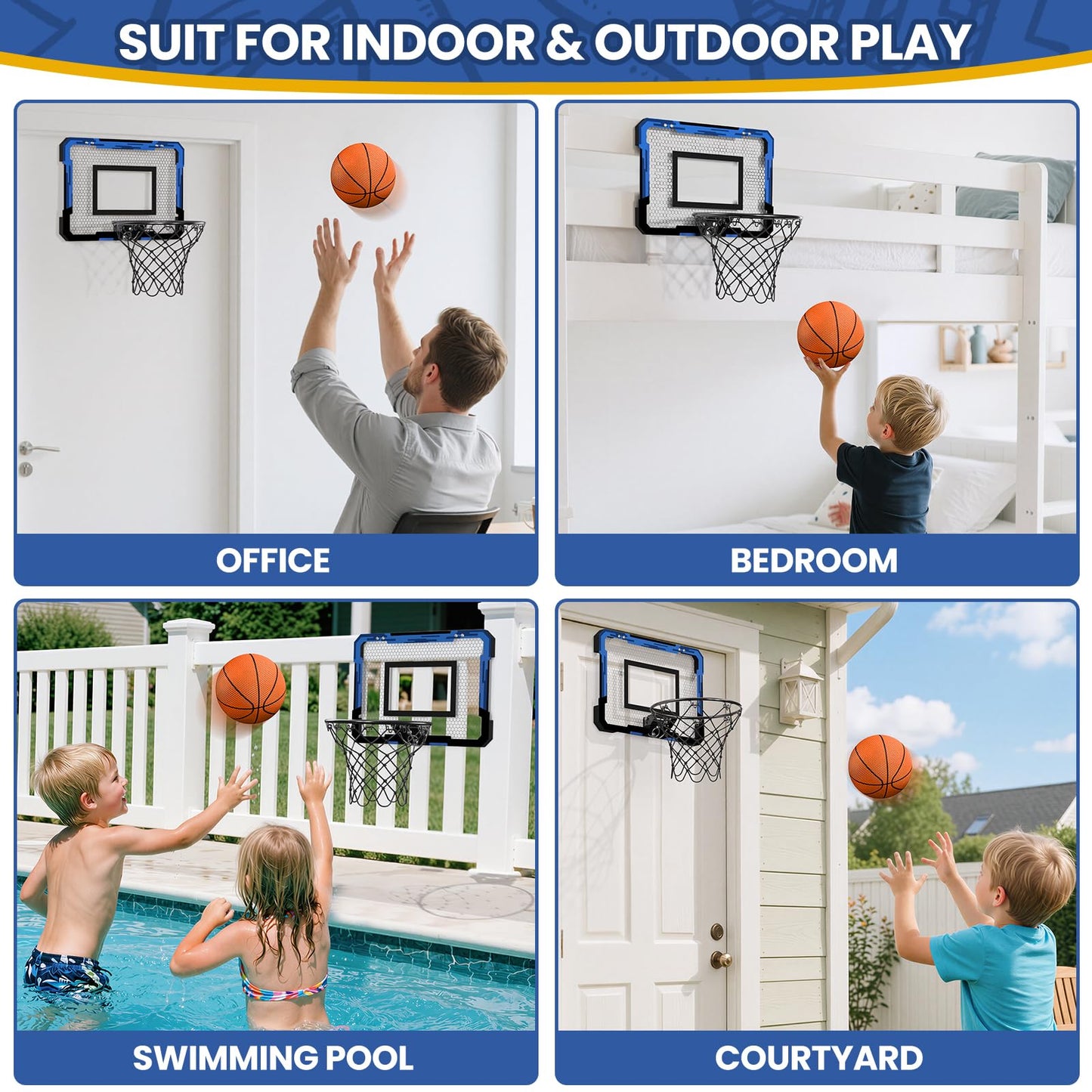 QDRAGON Mini Basketball Hoop – Over the Door Indoor (Blue) | 3 Balls & Inflator