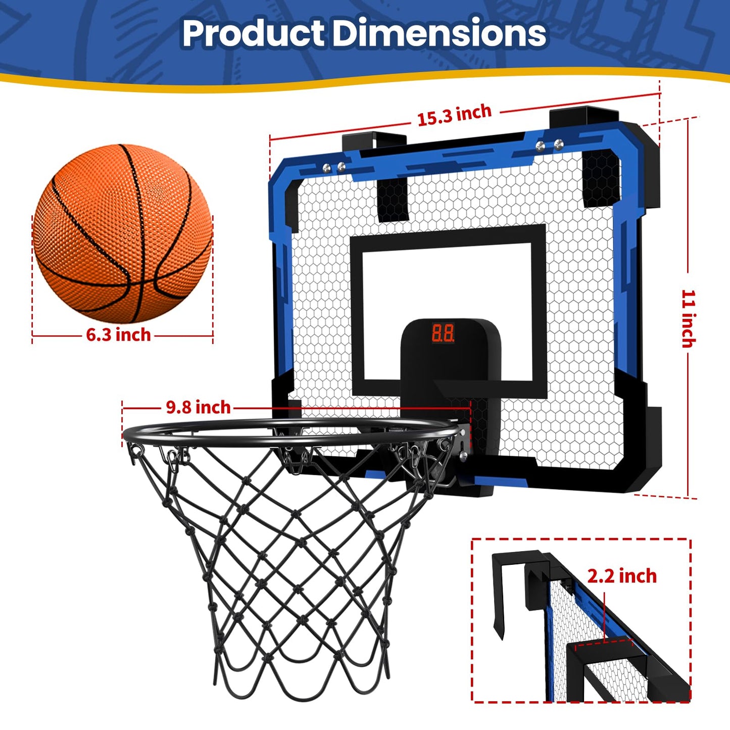 QDRAGON Indoor Basketball Hoop for Kids – Over-the-Door Mini Hoop with Scoreboard