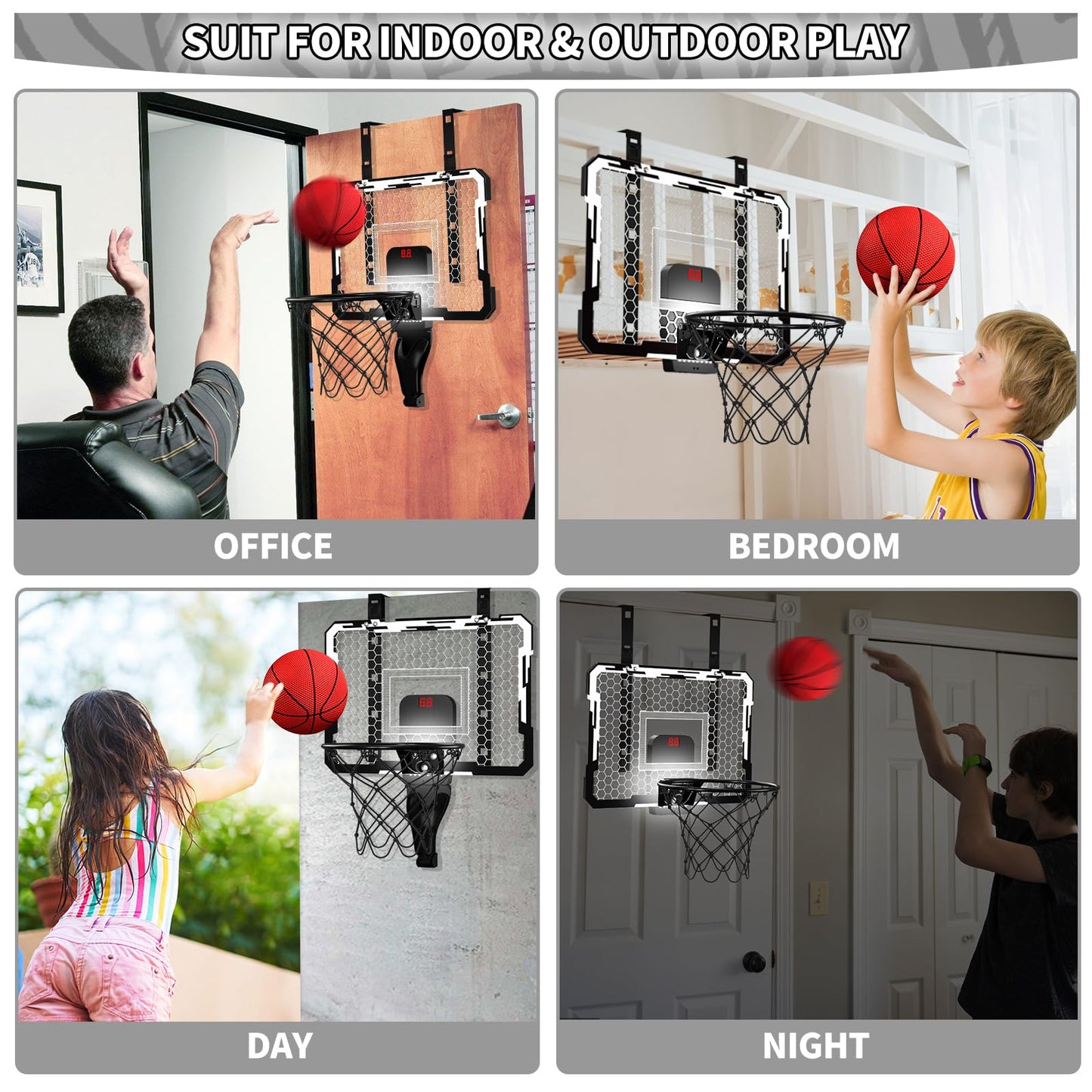 QDRAGON Indoor Basketball Hoop for Kids — Over-the-Door Mini Hoop with 7 LED Lights & 4 Height Settings