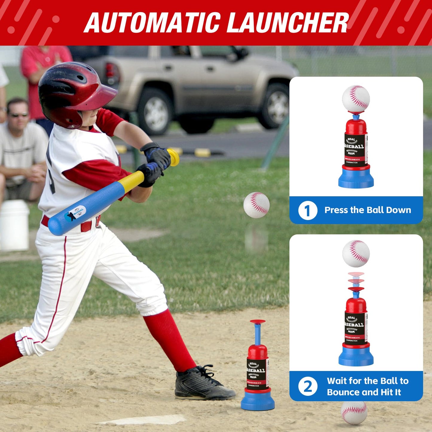 QDRAGON 4-in-1 Tball Set for Toddlers 3-5 - 2 Bats, Auto Pitcher, Indoor Outdoor Play