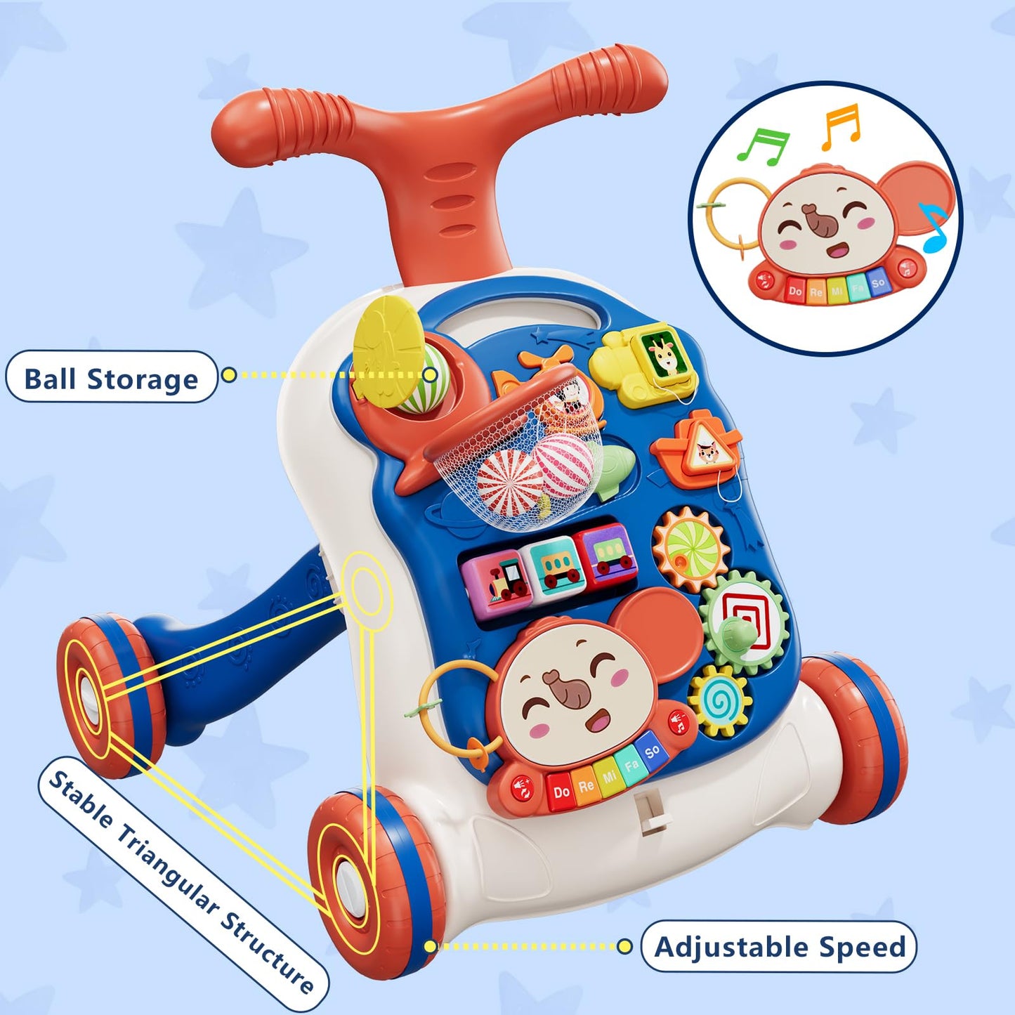 QDRAGON 3-in-1 Baby Walker & Activity Center – Learn to Walk, Sit-to-Stand Push Toy with Music Panel, Blue (12-18 Months)