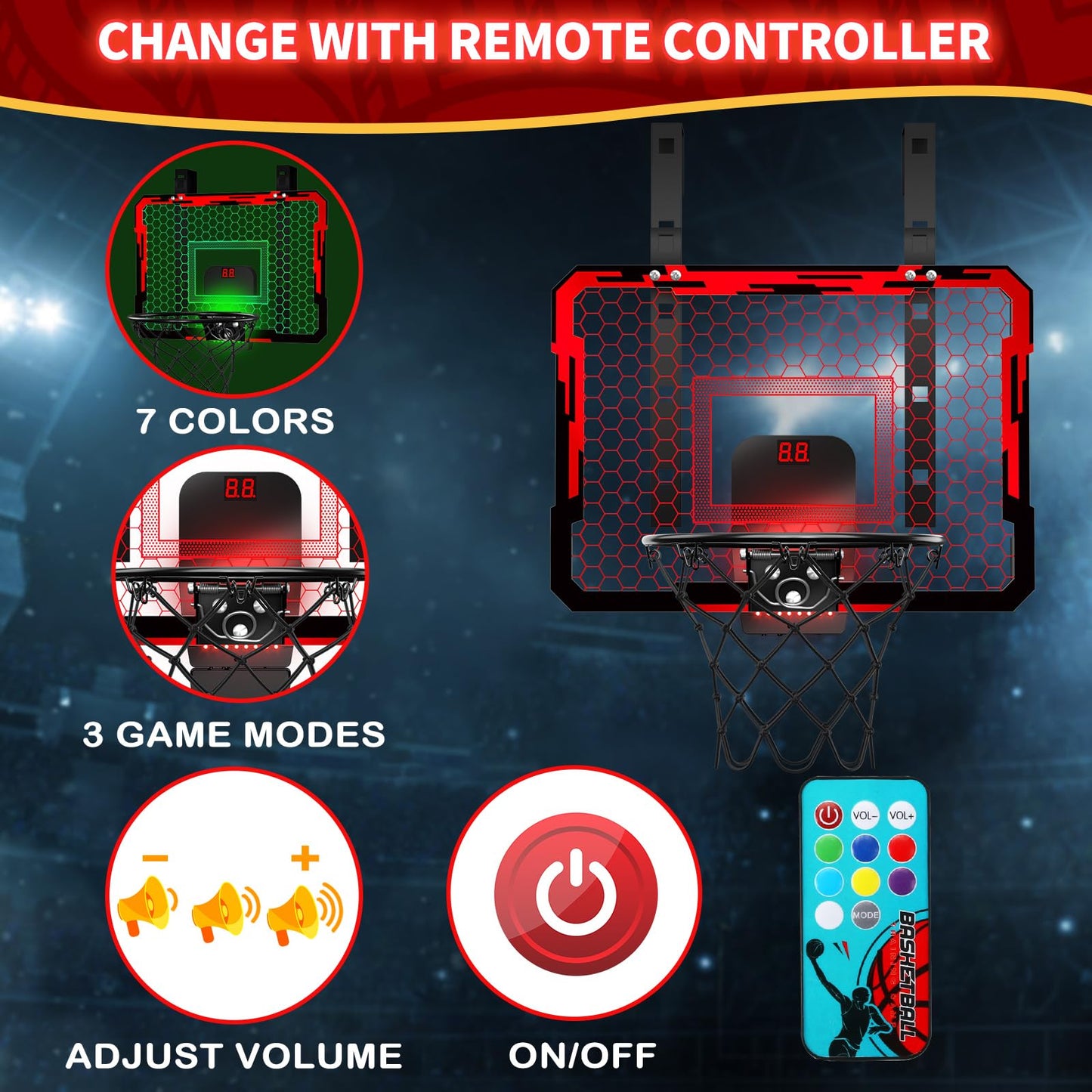 QDRAGON Indoor Basketball Hoop for Kids – 7 LED Lights, Over-the-Door Mini Hoop