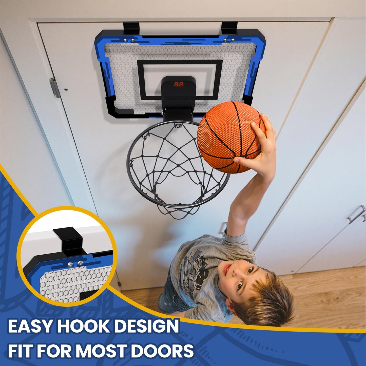 QDRAGON Indoor Basketball Hoop for Kids – Over-the-Door Mini Hoop with Scoreboard